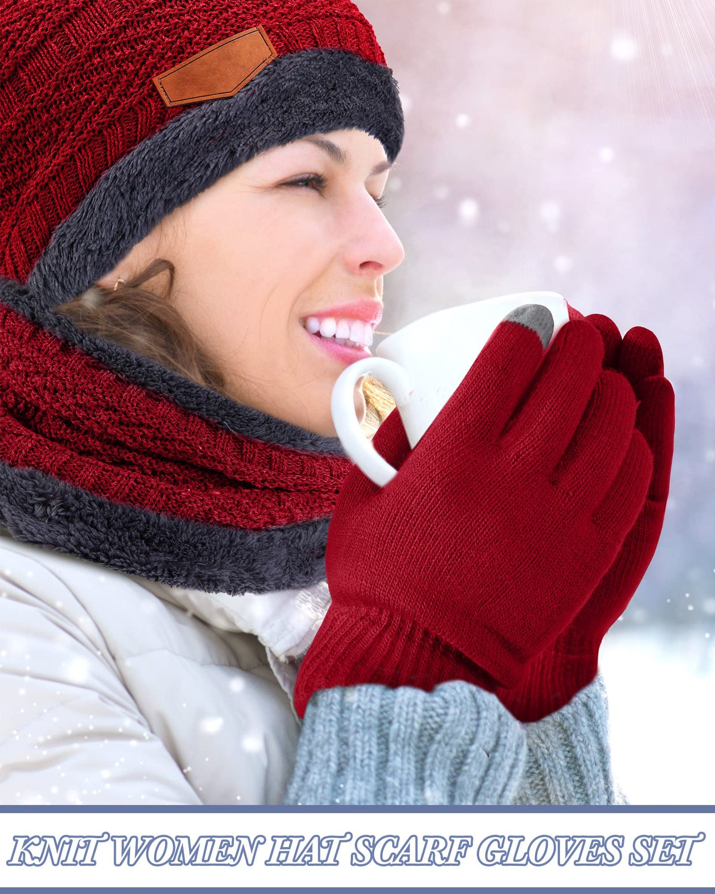6 Pcs Men Womens Winter Hat Glove Scarf Sets Beanie Scarf Touchscreen Gloves Knit Skull Cap Fleece Neck Warm Scarf Mitten (Black, Wine Red)