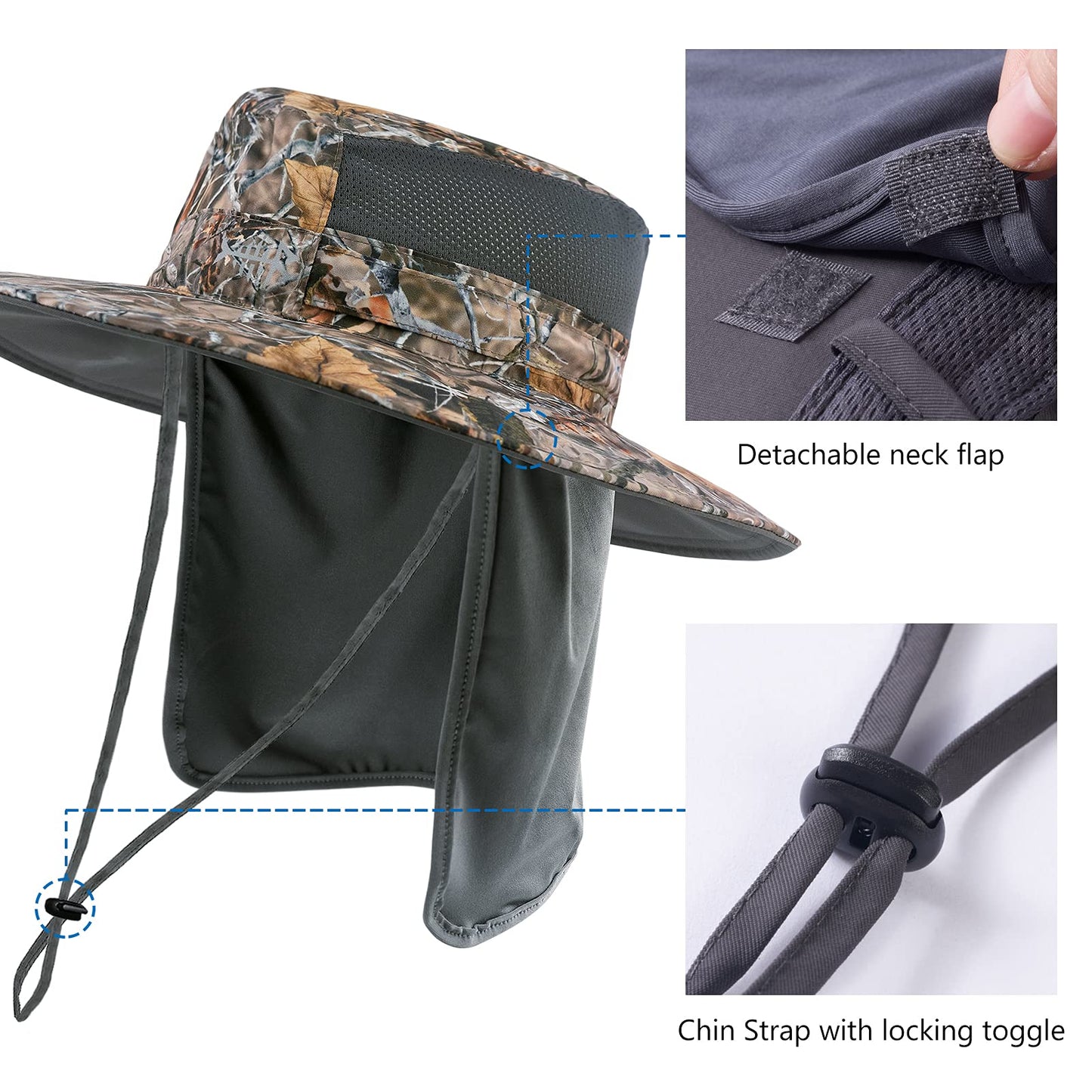 BASSDASH UPF 50+ Sun Fishing Hat Water Resistant with Detachable Neck Flap