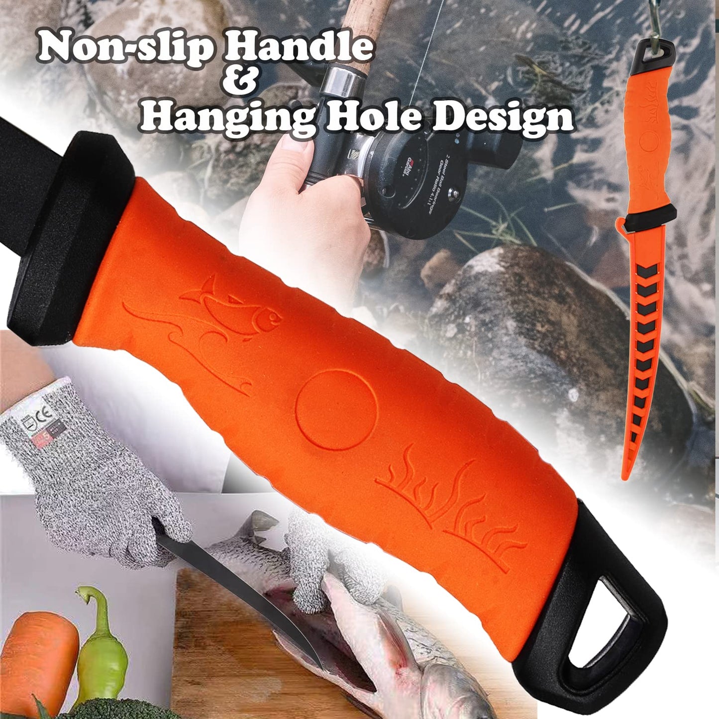 Fish Fillet Knife, 7 Inches Professional Fishing Fillet Knife Set Stainless Steel Blade in Corrosion Resistant Coating, with Sharpener and Cutting Resistant Gloves, for Fishing and Outdoor, Orange