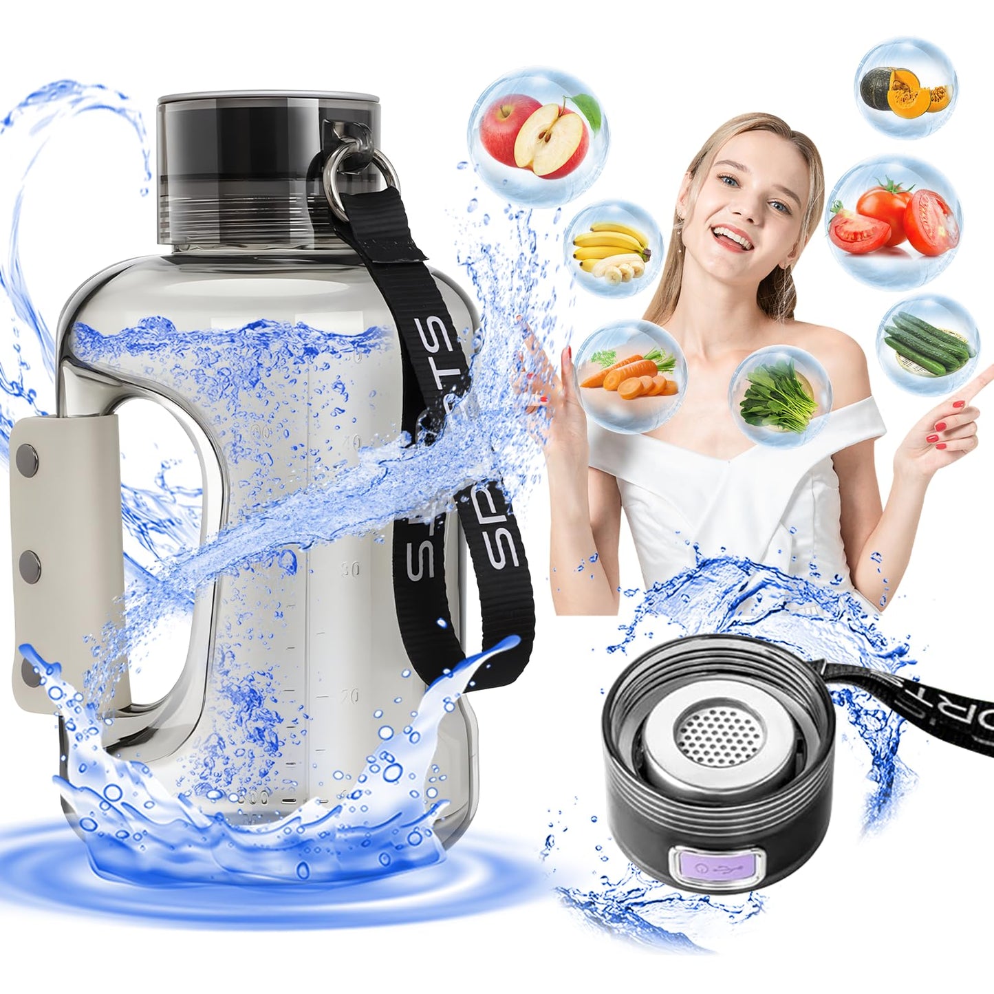 PRIDKEN Hydrogen Water Bottle Generator 1.5L High-Capacity, USB Portable Hydrogen Water Machine, Hydrogen Water Ionizer Cup, Sports Water Bottle with SPE/PEM Technology (Grey)