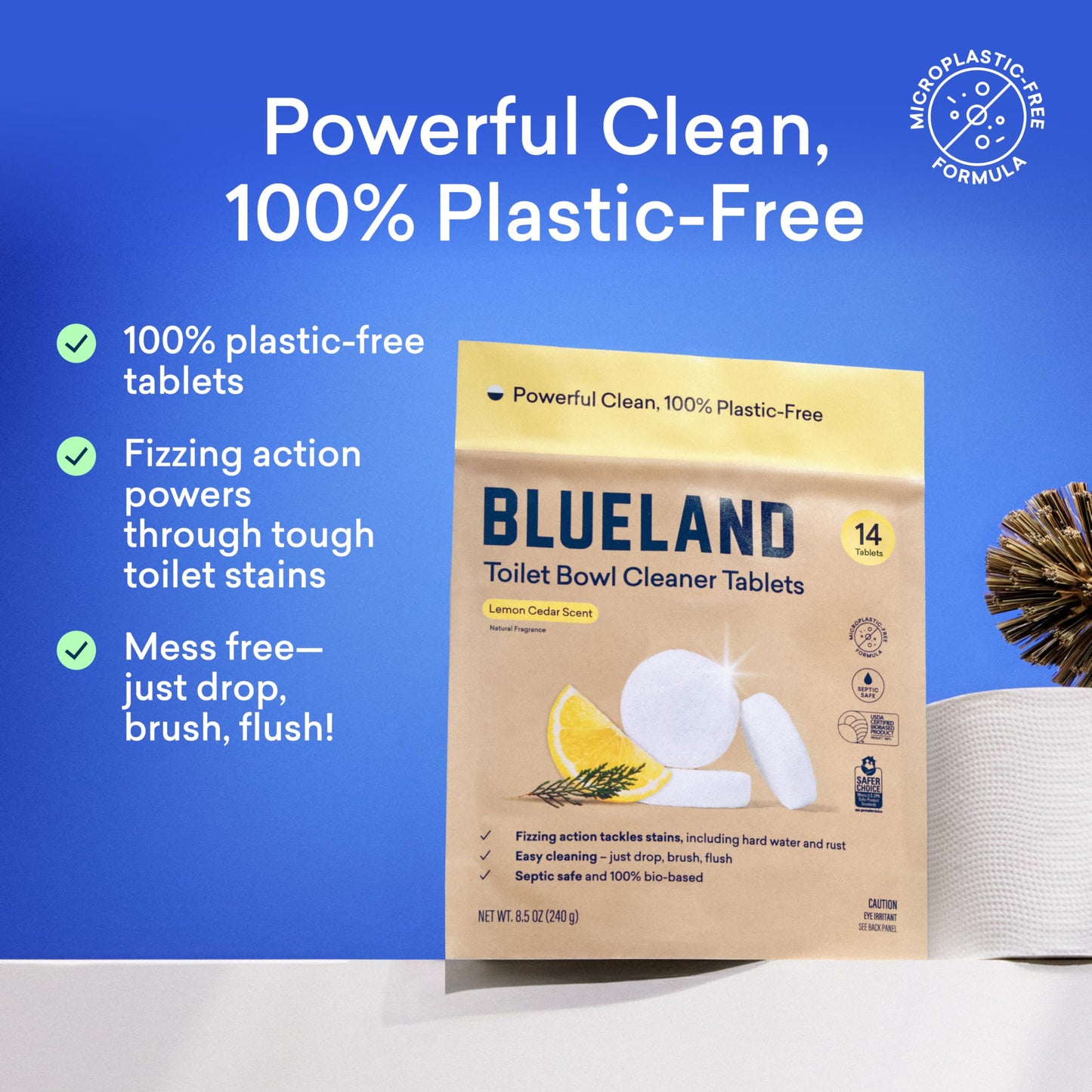 BLUELAND Toilet Bowl Cleaner Tablets, 28 Count, Lemon Cedar, Plastic-Free, No Harsh Chemicals, Plant-Based