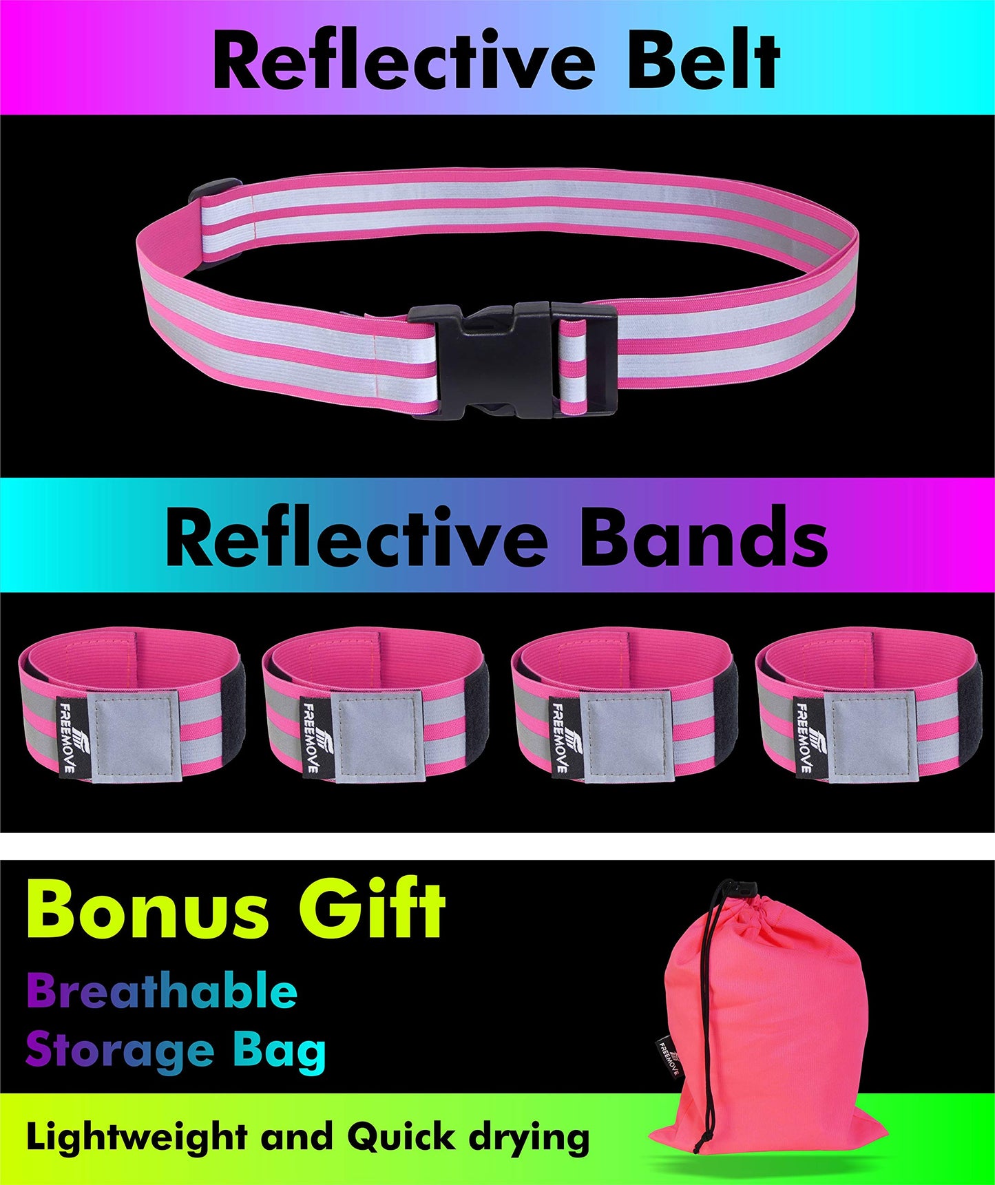 FREEMOVE Reflective Running Gear - a Pack with Adjustable Runners Waist Belt + 4 Arm/Wrist Bands for Men and Women - Stay Safe Day or Night When Dog Walking, Running, Cycling, Jogging, Biking, MTB