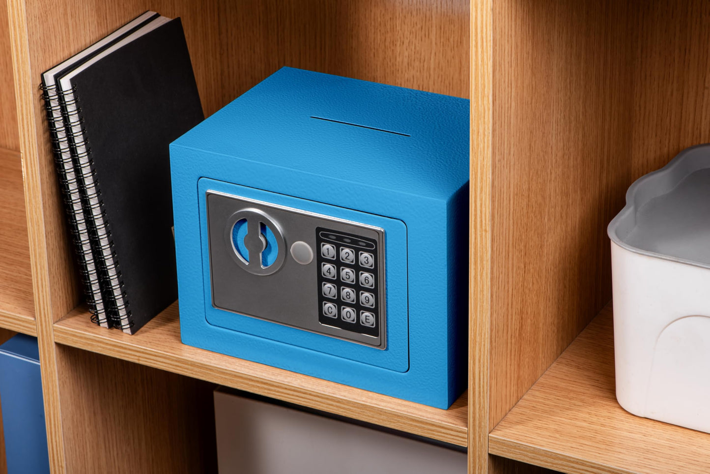 Small Safe Box With Digital Keypad & Keys - 9.05 x 6.7 x 6.7 Inches Wall Safe 0.23 Cuft Mini Security Lock for Money, Cash, Coin, Jewelry - Home Office Hotel Rooms Business (Blue2)