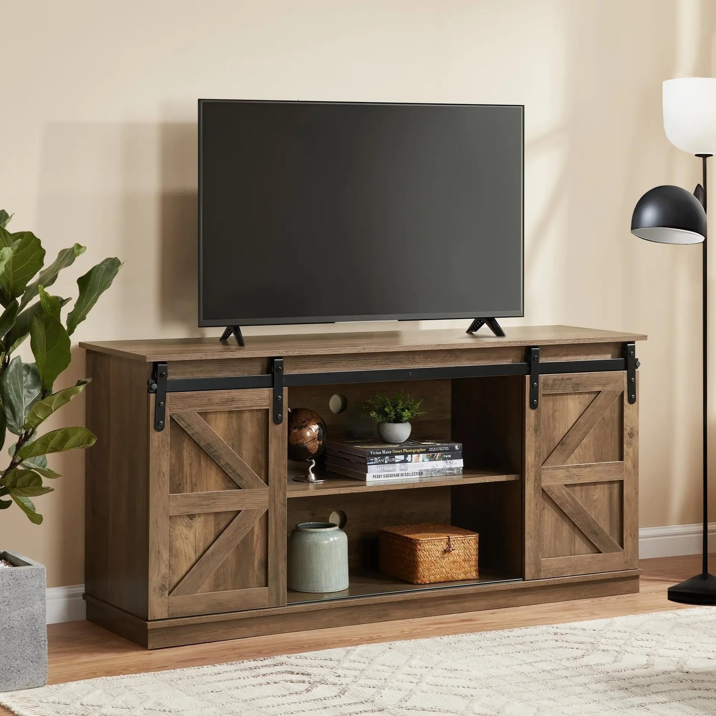 SANODESK 58" Farmhouse TV Stand and Entertainment Center for Televisions up to 65 Inchs,with Sliding Barn Doors and Storage Cabinets,Natural Brown