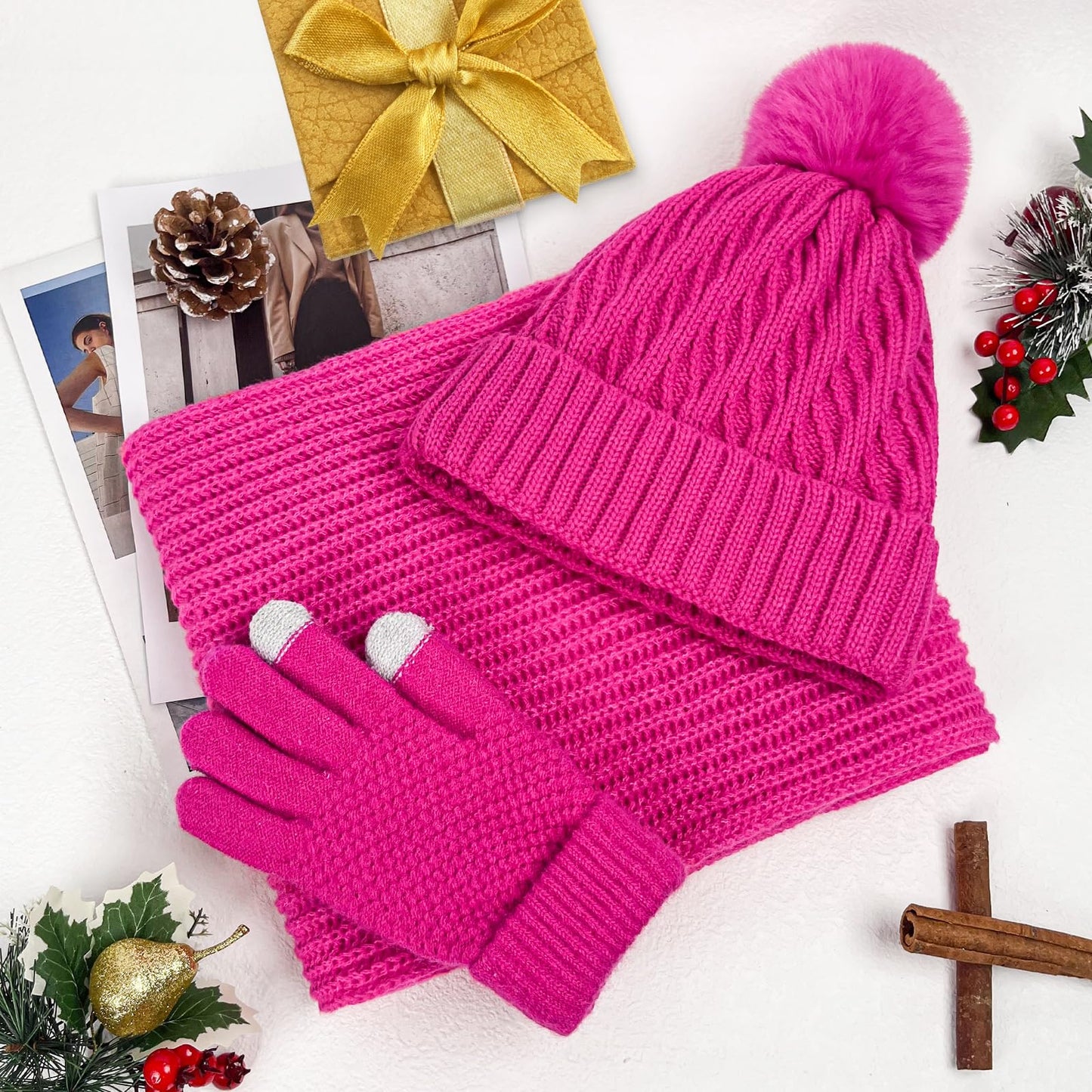 Pink Winter Knit Beanie Hat Scarf Gloves Set for Women, Fleece Lined Chunky Beanie Hats with Pom Pom Neck Warm Scarf Touchscreen Gloves 3 in 1 Set