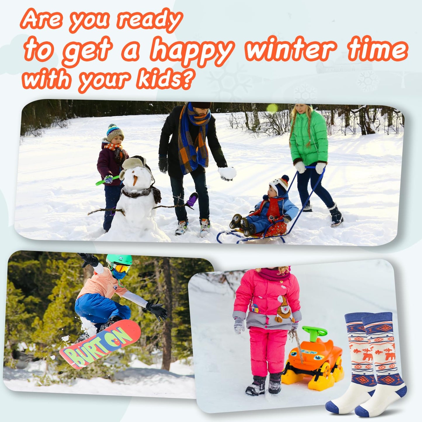 Socks Daze 2 Pack Winter Warm Wool Ski Socks for Kids Boys Girls 10-12 Years Cute Knee High Wool Boot Socks for Hiking Ice Skating, Black + White, Medium