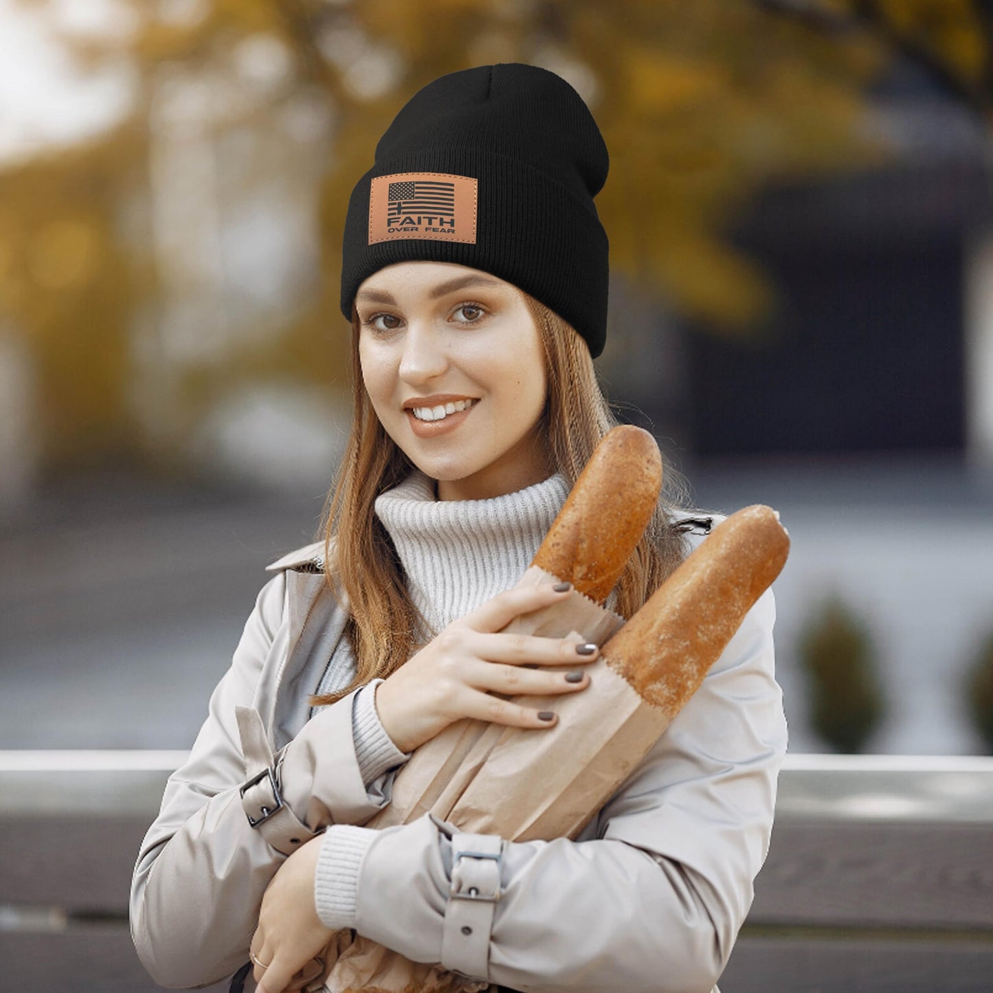 Faith Over Fear Beanie with Leather Beanie Hat for Men Women Gifts for Dad Knit Hat Warm Knitted Winter Cap