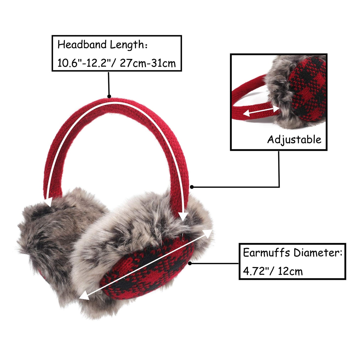 ZLYC Winter Faux Fur Adjustable Earmuffs Cute Knit Fuzzy Ear Muffs for Women Girls (Plaid Red)