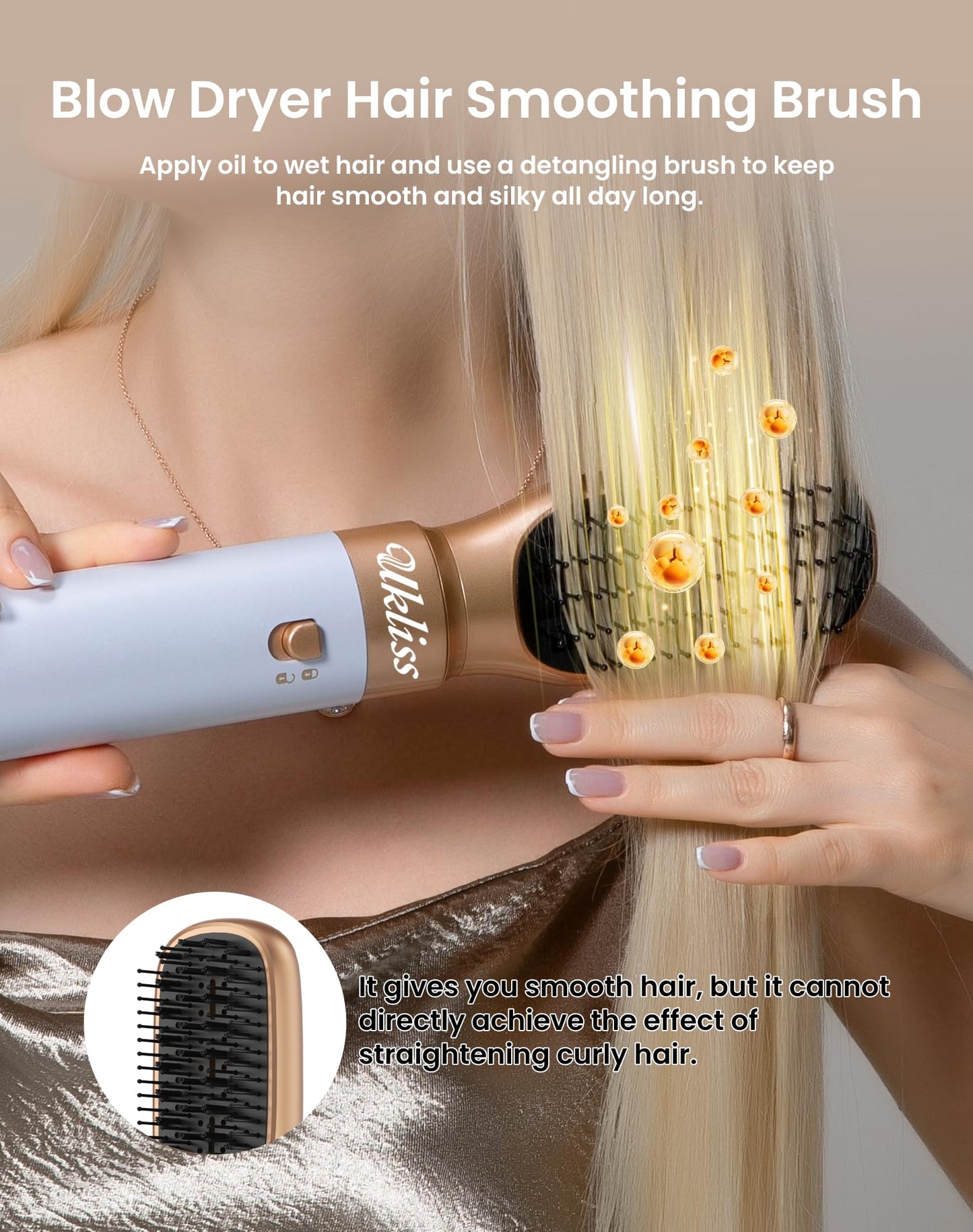 Ukliss 6 in 1 Blow Dryer Brush,Hair Dryer Brush with Ionic Technology, Multifunctional Styler Styling Tools, Auto Air Curler for Hair, Fast Styling for Most Hair Types, Safe ALCI Plug (White Gold)