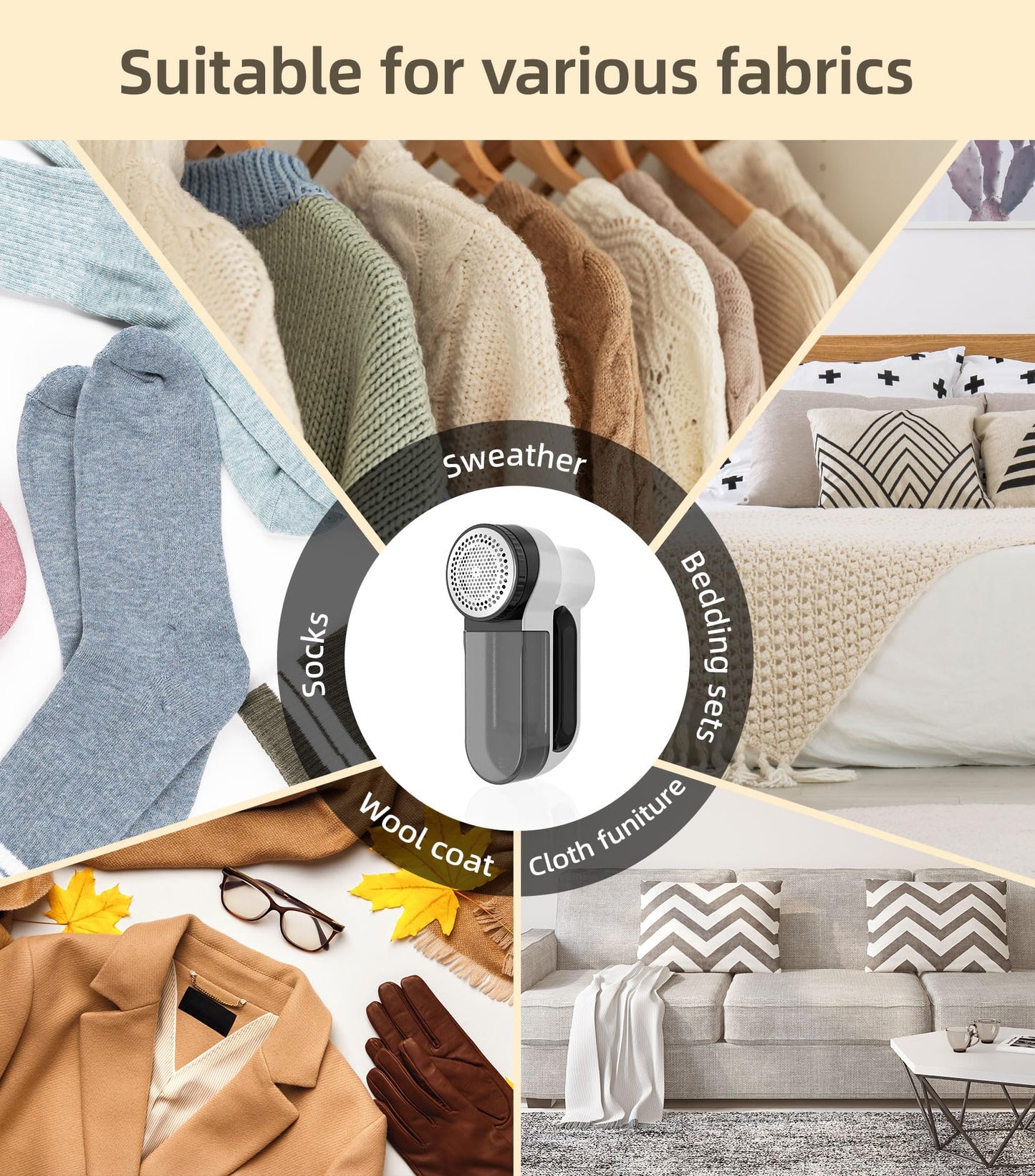 CuieTuee Fabric Shaver Rechargeable Electric Lint Remover Lint Shaver Sweater Shaver Pilling Remover with Led Digital Display 3-Gears Adjustable 6-Blades for Clothes Couch Curtain Cashmere-White