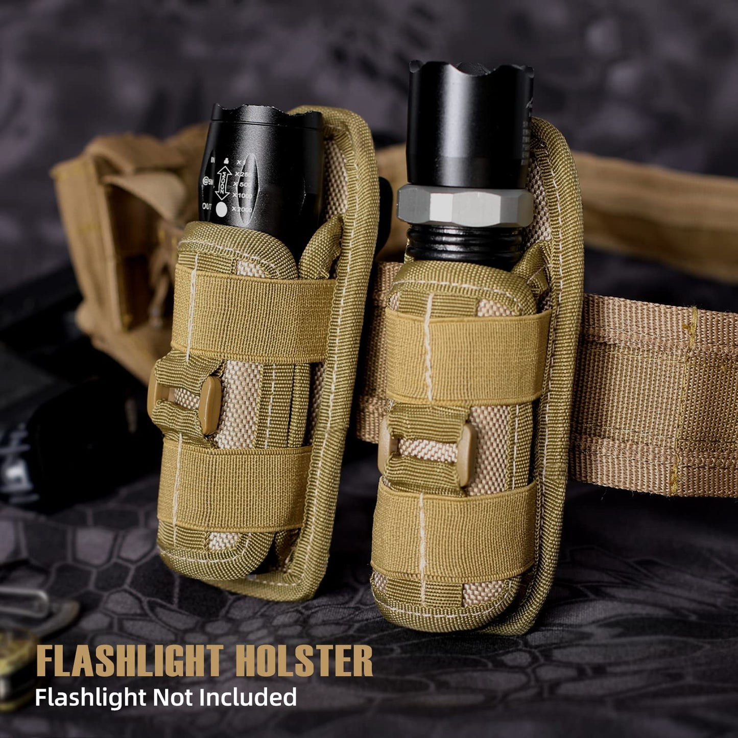 LIVANS Tactical Flashlight Pouch Holster, Rotatable Flashlight Holder Belt Clip Tactical Torch Carry Case with 360 Degree Carabiner Reel Clip Khaki