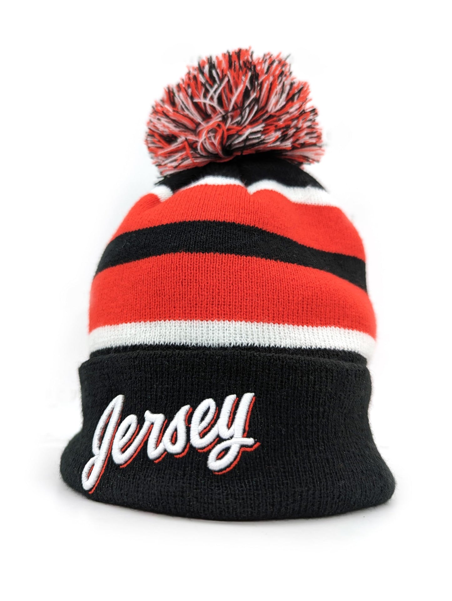 Jersey Hockey Beanie Hat - Alternate Black and Red Color with Pom Pom and Emboidered 3D Puff Script Comfortable and Fun Fan Gift.