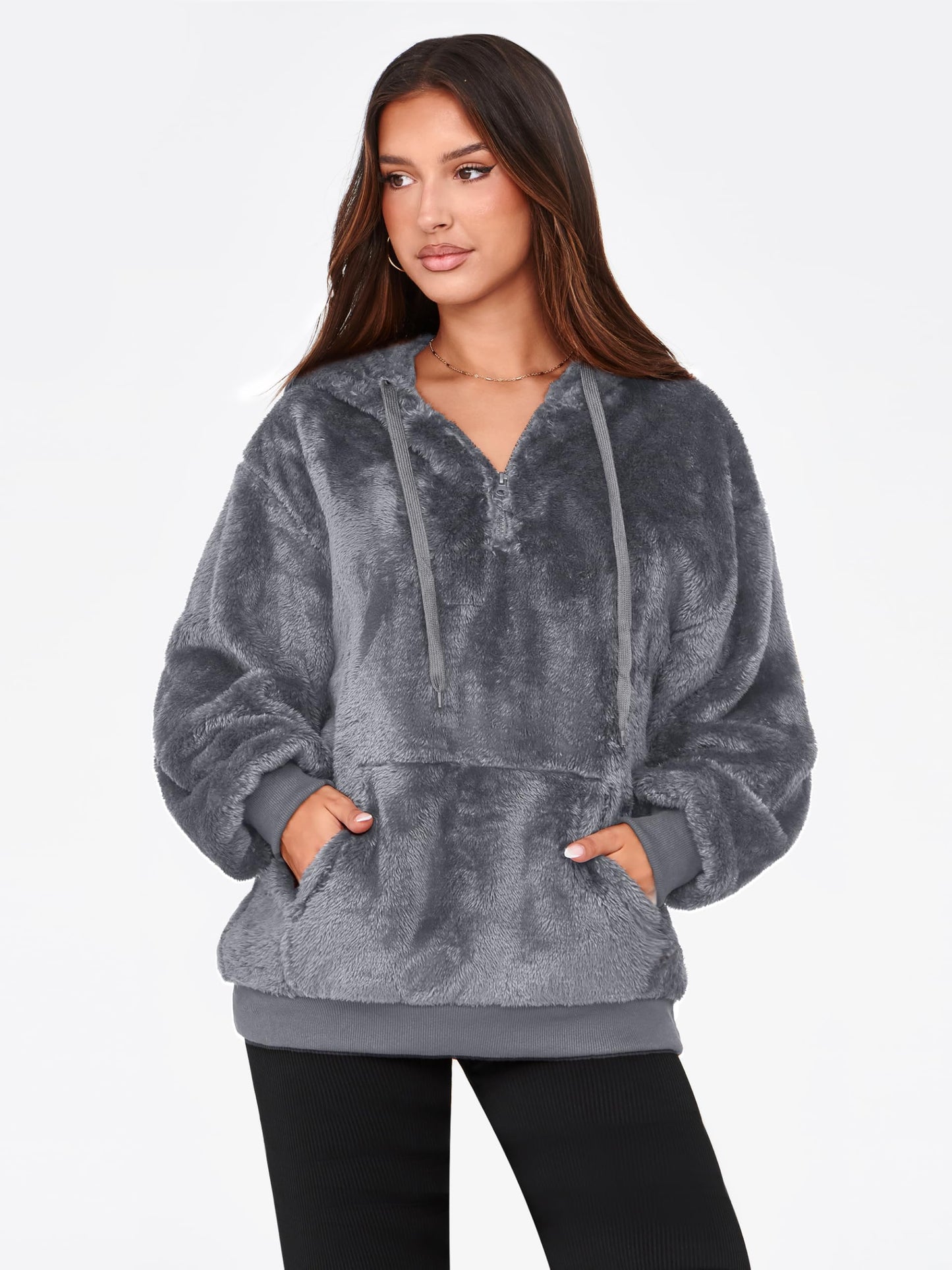 NIeyook Sherpa Fleece Hoodies for Women Fuzzy Oversized Zip up Hoodie with Pockets Casual Pullover Hooded Sweatshirt Dark Gray