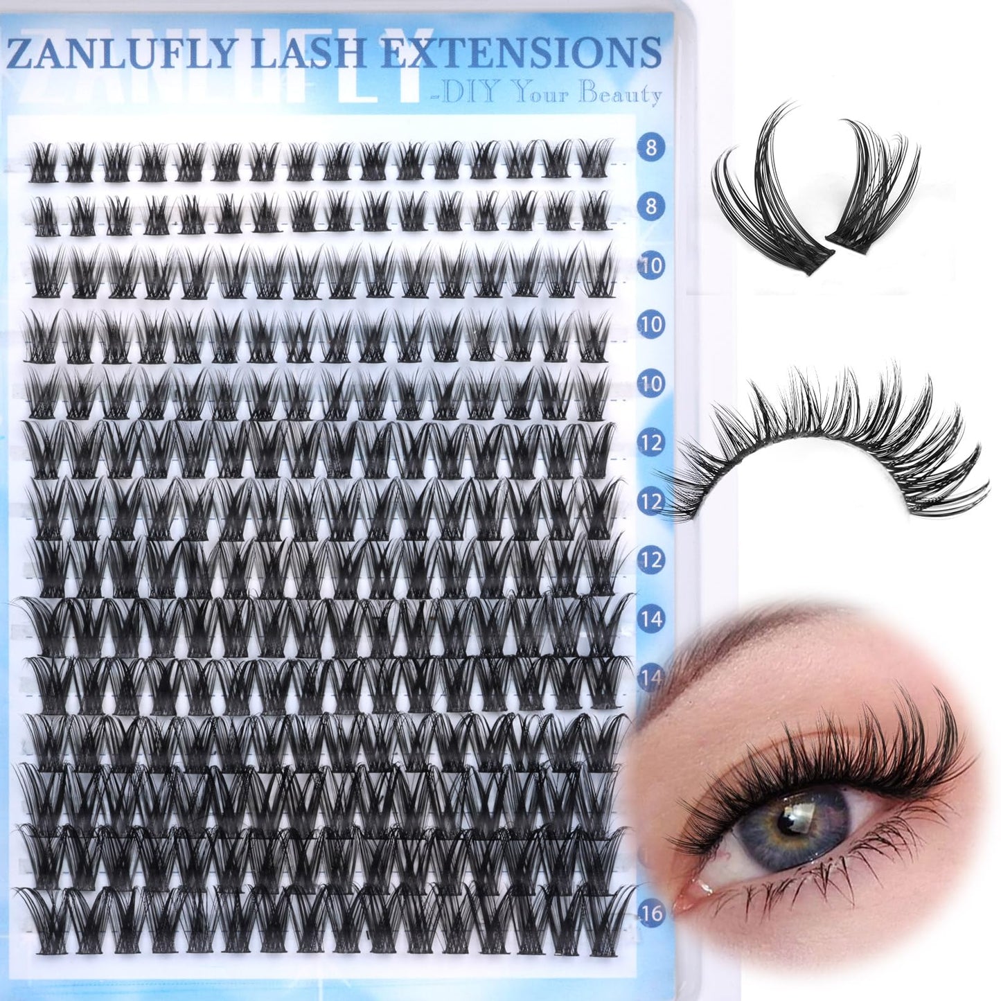zanlufly Wispy Lash Clusters Natural D Curl Fishtail Eyelash Extensions 224Pcs Individual Lashes (8-16MM)