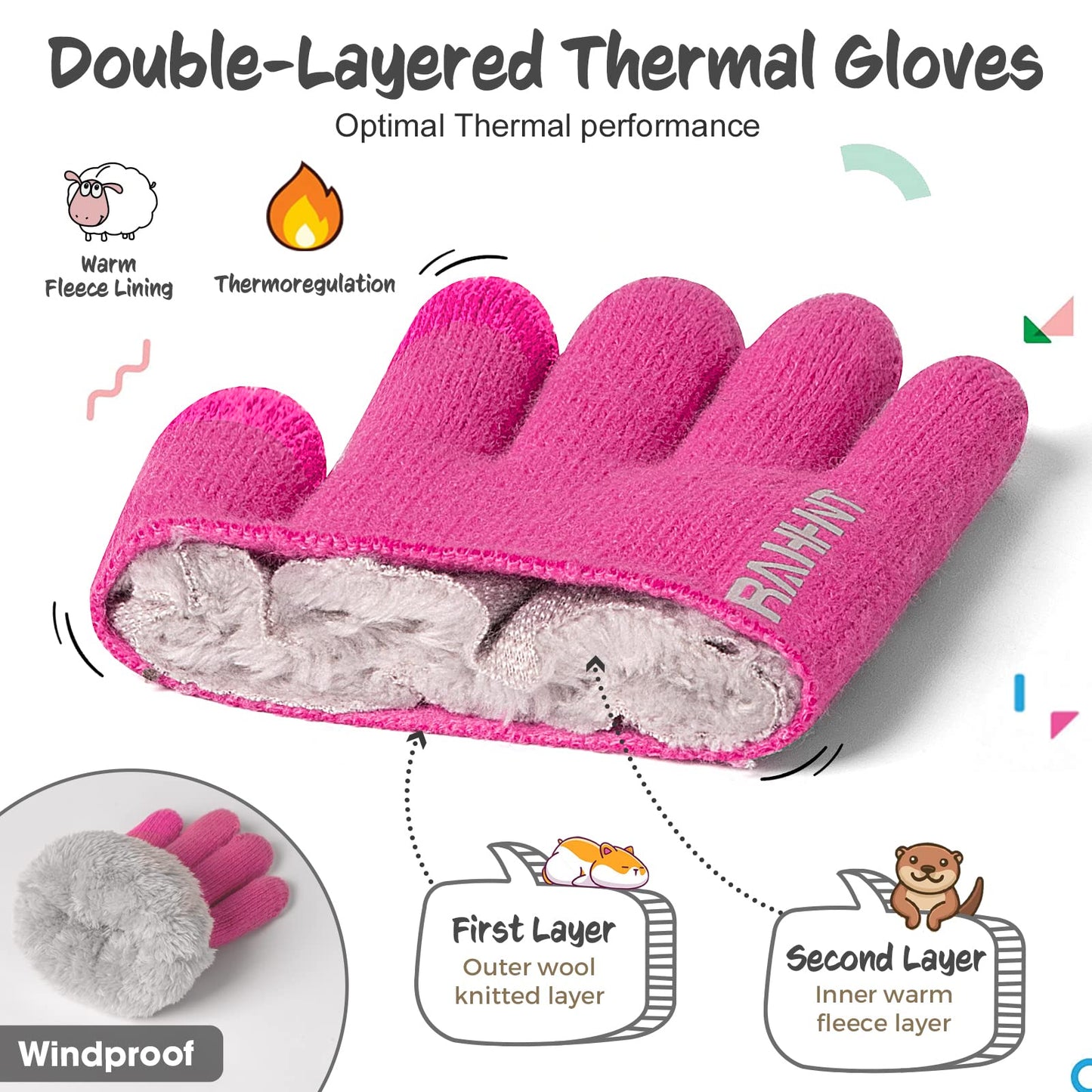 Kids Winter Gloves for Boys Girls Children Toddler Thermal Wool Knit Gloves with Insulated Fleece Lining Keep Hand Warm Gift