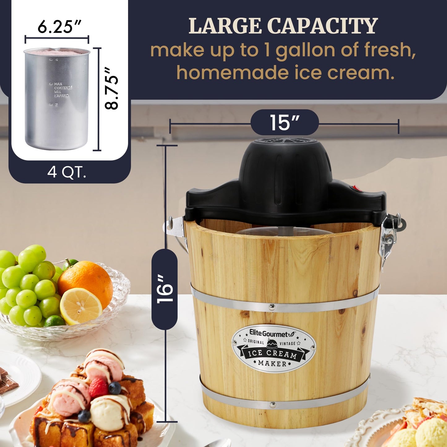 Elite Gourmet EIM402 Old Fashioned 4 Quart Vintage Wood Bucket Electric Ice Cream Maker Machine, Bonus Classic Die-Cast Hand Crank for Churning, Uses Ice and Rock Salt Churns Ice Cream in Minutes