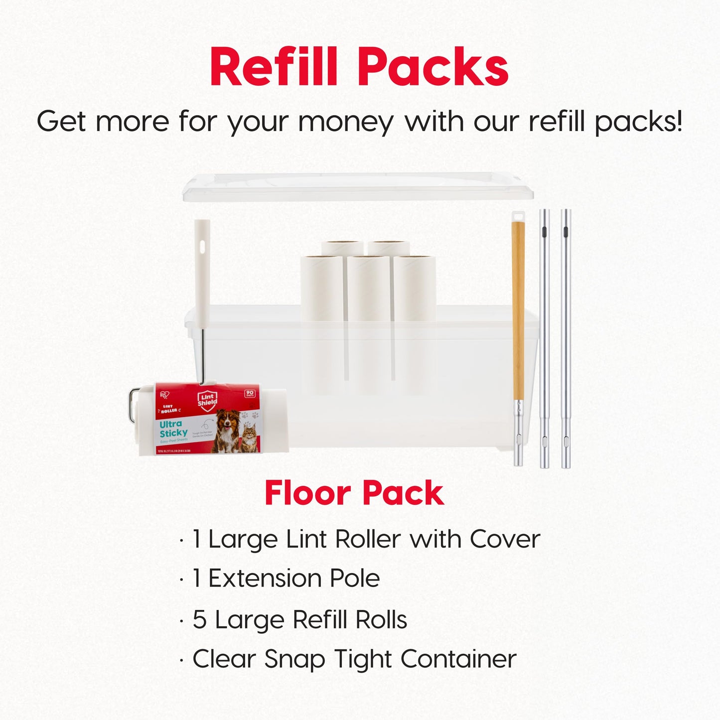 IRIS USA Extra Sticky Lint Roller, Large with Adjustable Extension, Storage Box, Refills, 90 Sheets/Roll, 540 Sheets Total, Easy Tear Lint Remover for Dog Cat Pet Hair On Bed Floor Sofa