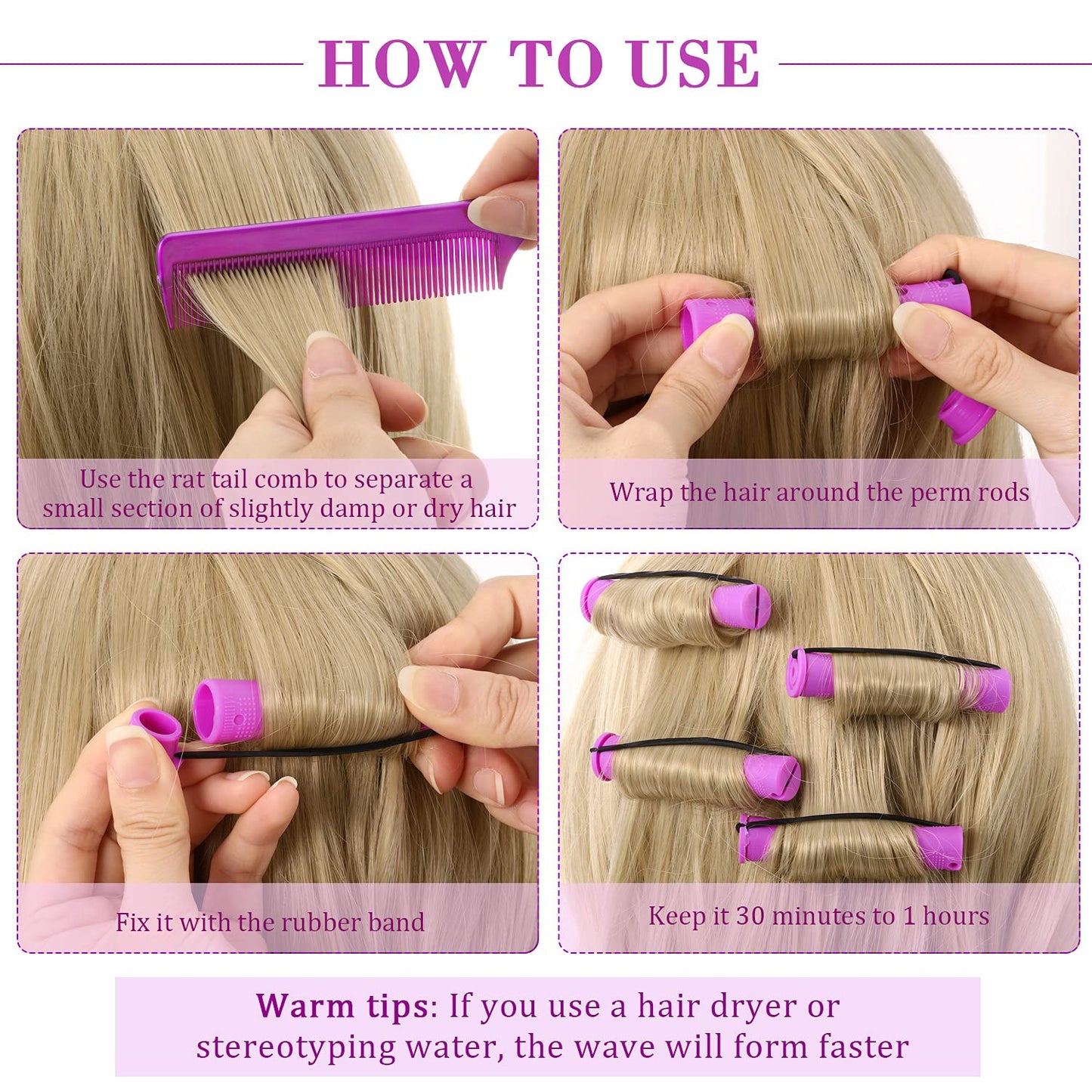WILLBOND 36 Pieces Cold Wave Rod Hair Perm Rods Hair Rollers Perming Curlers with Steel Rat Tail Comb for Hairdressing Styling