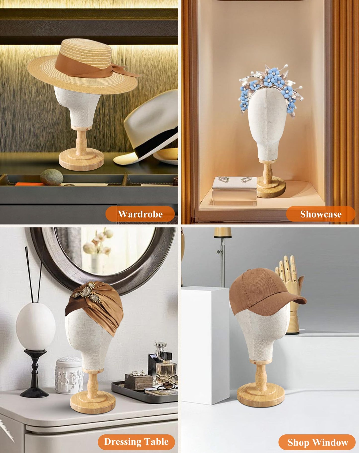 CHADWICK Wig Head Stand Mannequin Head Hat Display Stand Linen Wig Holder, Hat Rack Fabric Head, Canvas Dome + Detachable Wood Stand, Wig Display Model Head Wig Stand for Wigs, Hats, Caps, Headdress