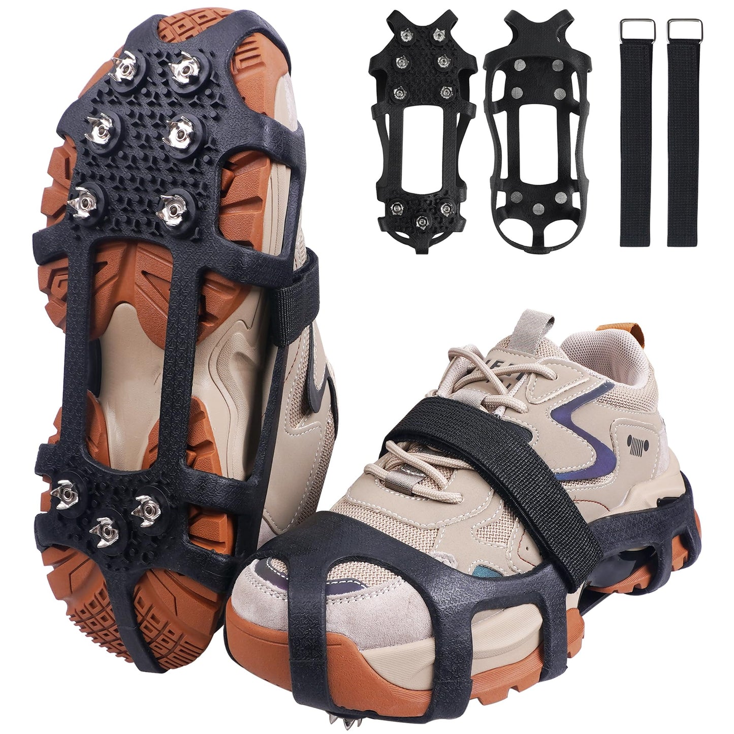 Walk Traction Ice Cleats, Anti-Skid Ice Snow Grips 9 Stainless Steel Studs Winter Crampons with Straps Over Shoe Boots for Hiking Climbing,Ice Fishing and Walking XLarge