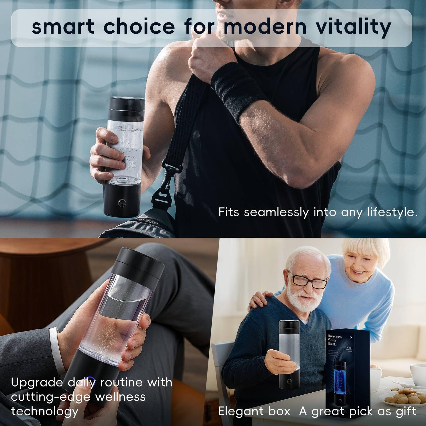 GasClub Hydrogen Water Bottle Generator, 4-in-1, 3000 PPB Portable Hydrogen Water Machine with SPE/PEM Technology, Rechargeable Hydrogen Water Ionizer Machine for Home, Office & Travel