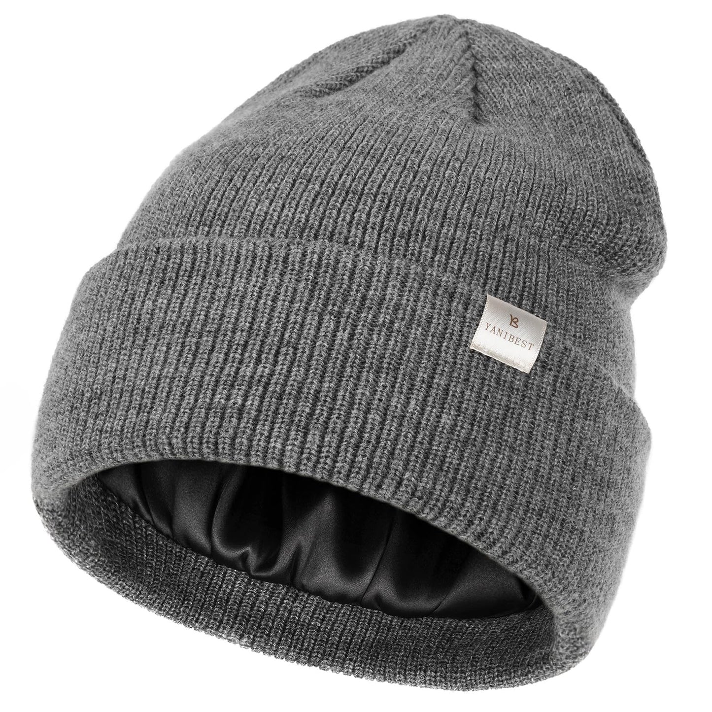 YANIBEST Beanie Hat for Women Men Satin Lined Beanie Hats Winter Hat Womens Cuffed Beanies Knit Skull Cap Warm Ski Hat Unisex Dark Grey