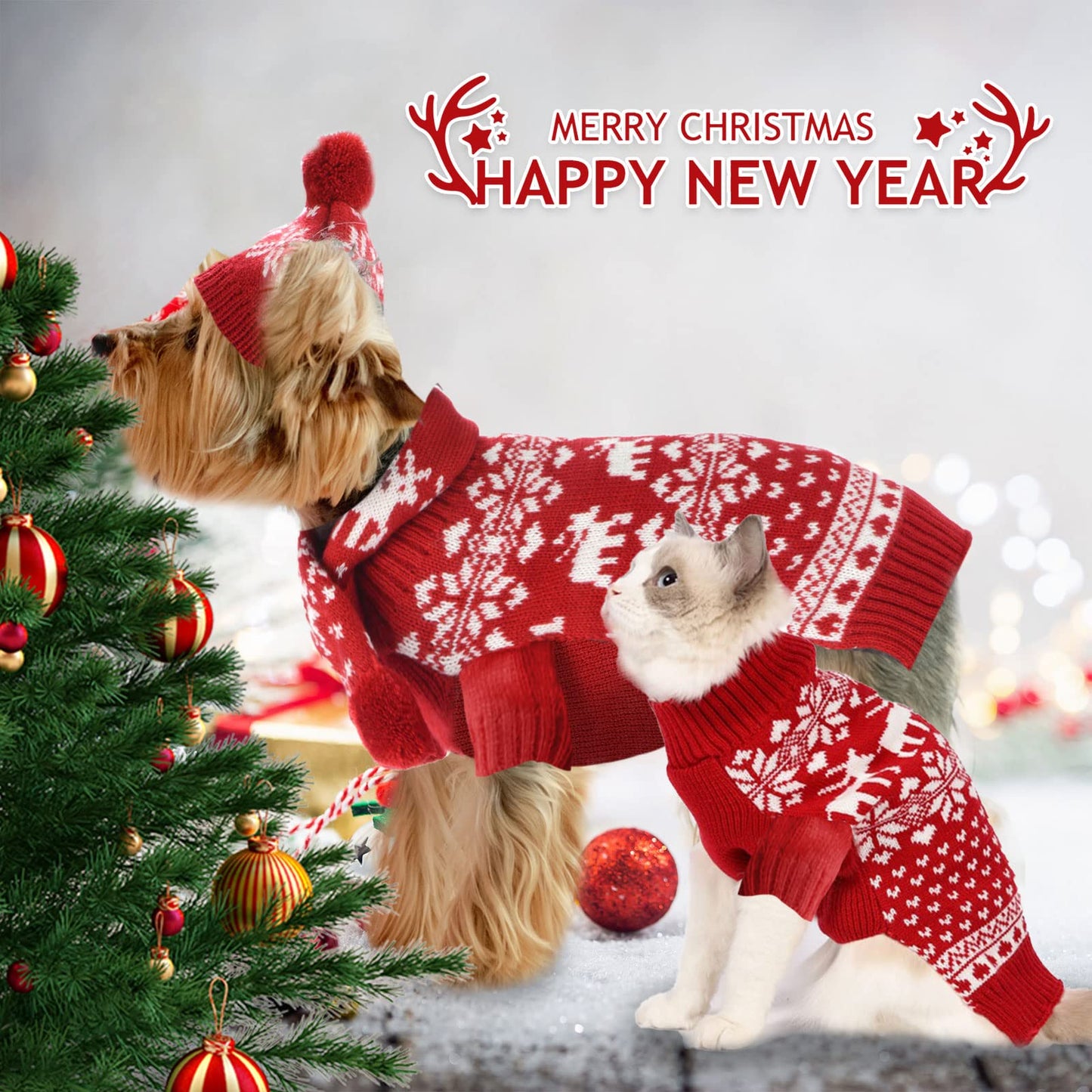HRTTSY Dog Christmas Sweater Scarf and Hat Set for Small Dogs Cute Ugly Xmas Reindeer Snowflakes Puppy Cat Winter Clothes Soft Warm Fall Kitten Puppy Sweatshirt Pet Costume Chihuahua Outfits(Red,L)