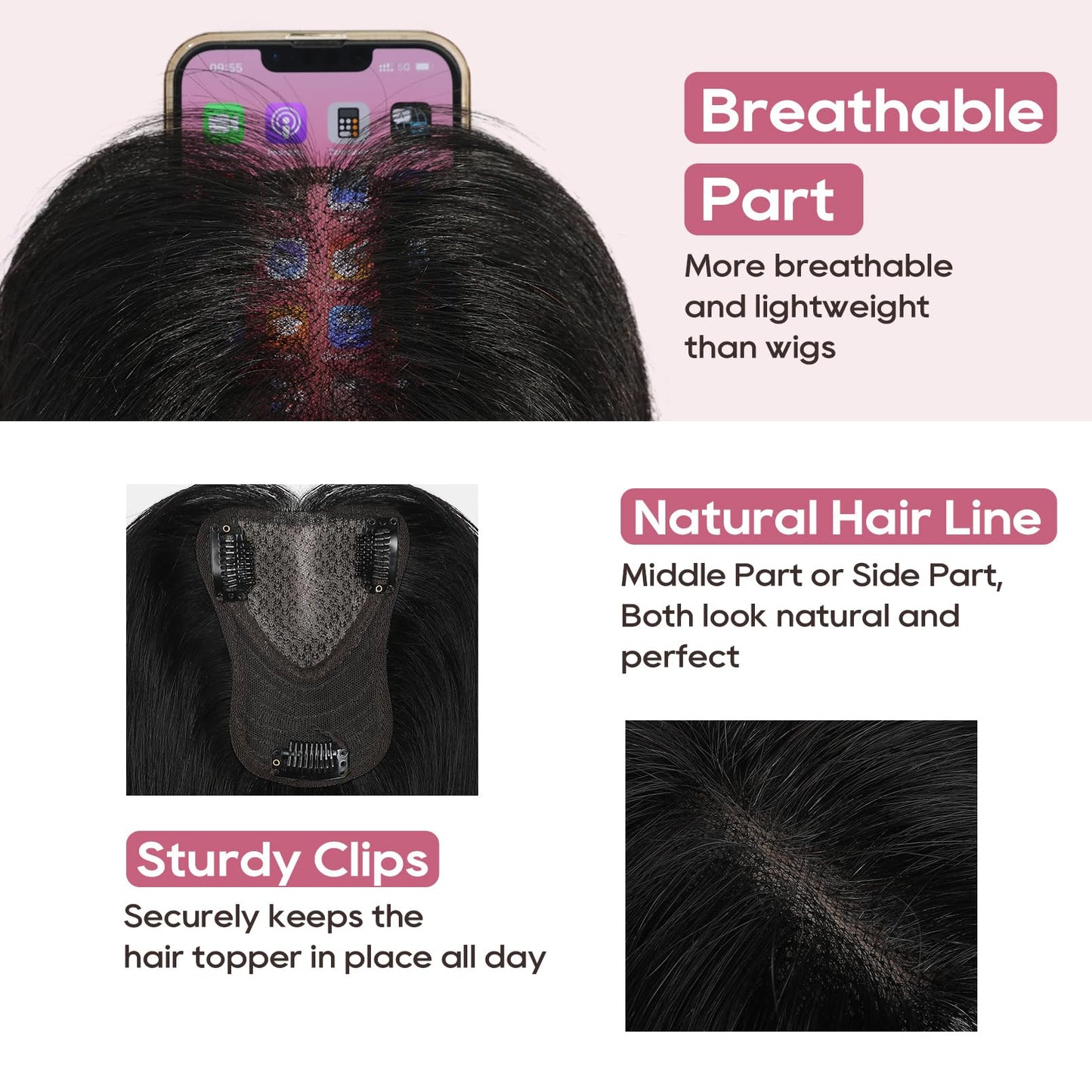 REECHO Real Human Hair Topper, 10 inch Women Hair Toppers for Thinning Hair, 100 Percent Human Hair Large Coverage Natural Hairpiece Wiglet, Standard Base 3.5"x2", Chocolate Brown
