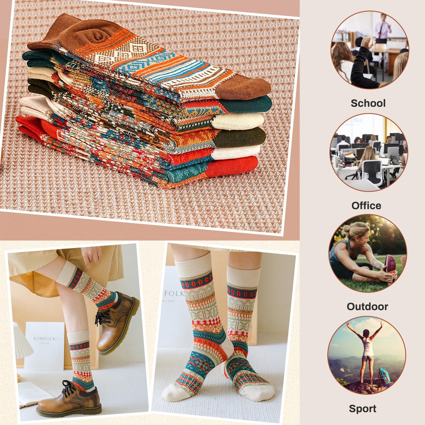 Luckit 6 Pack Wool Socks for Men Women, Warm Cotton Socks Winter Cabin Socks, Vintage Fall Patterned Socks Unisex Knit Socks (Maple leaf)