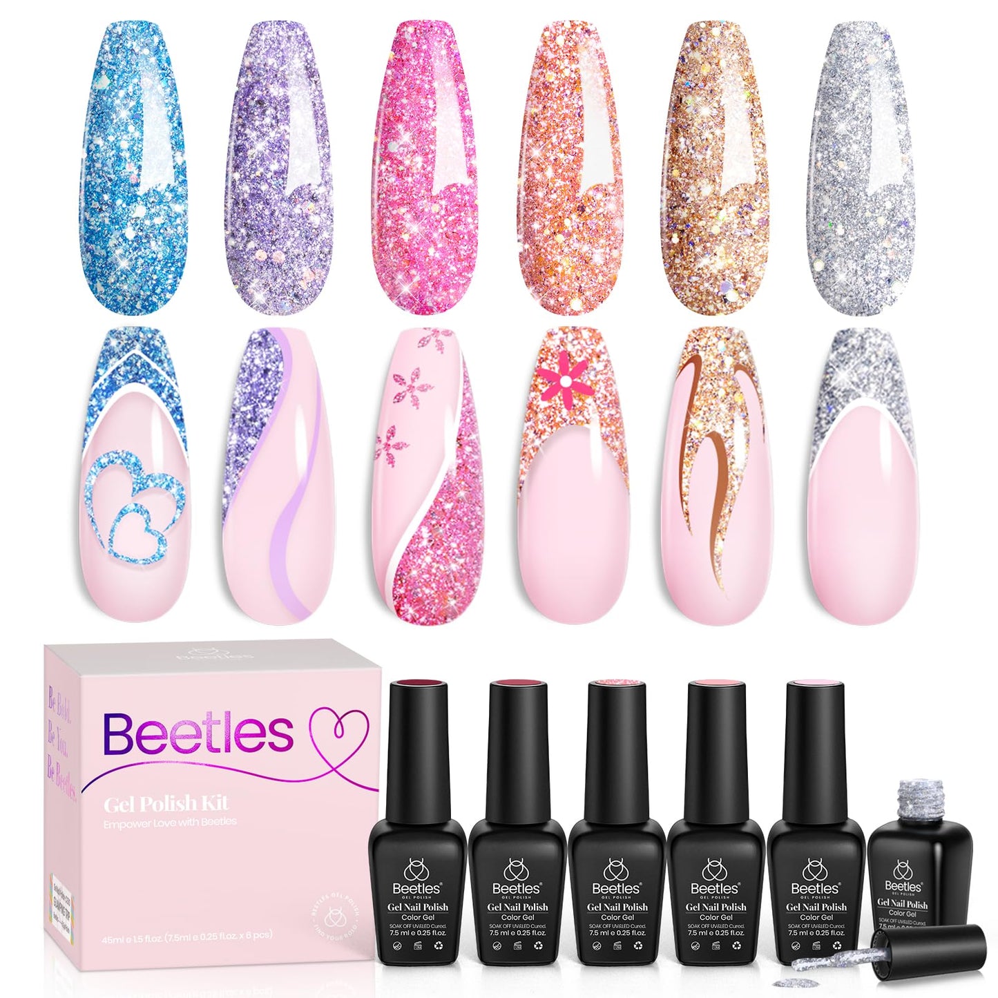 Beetles Glitter Gel Nail Polish 6 Colors Sparkle Silver Pink Blue Gel Polish Set Soak Off Uv Diy Manicure Kit Gifts for Women