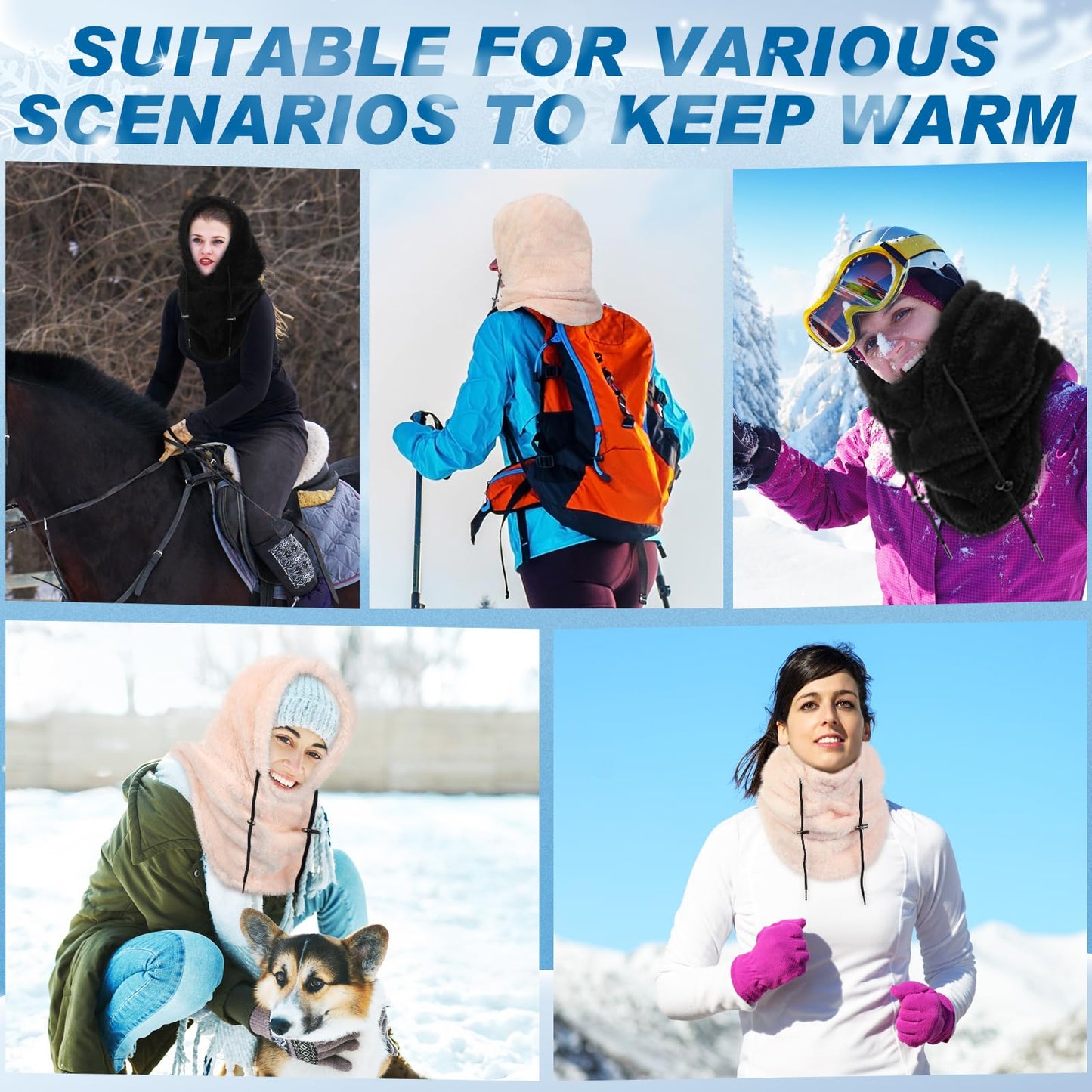 Jeere 2 Pcs Hood Fleece Balaclavas for Women Winter Face Mask Thermal Face Cover Hat Neck Warmer Scarf Adjustable for Cold Weather