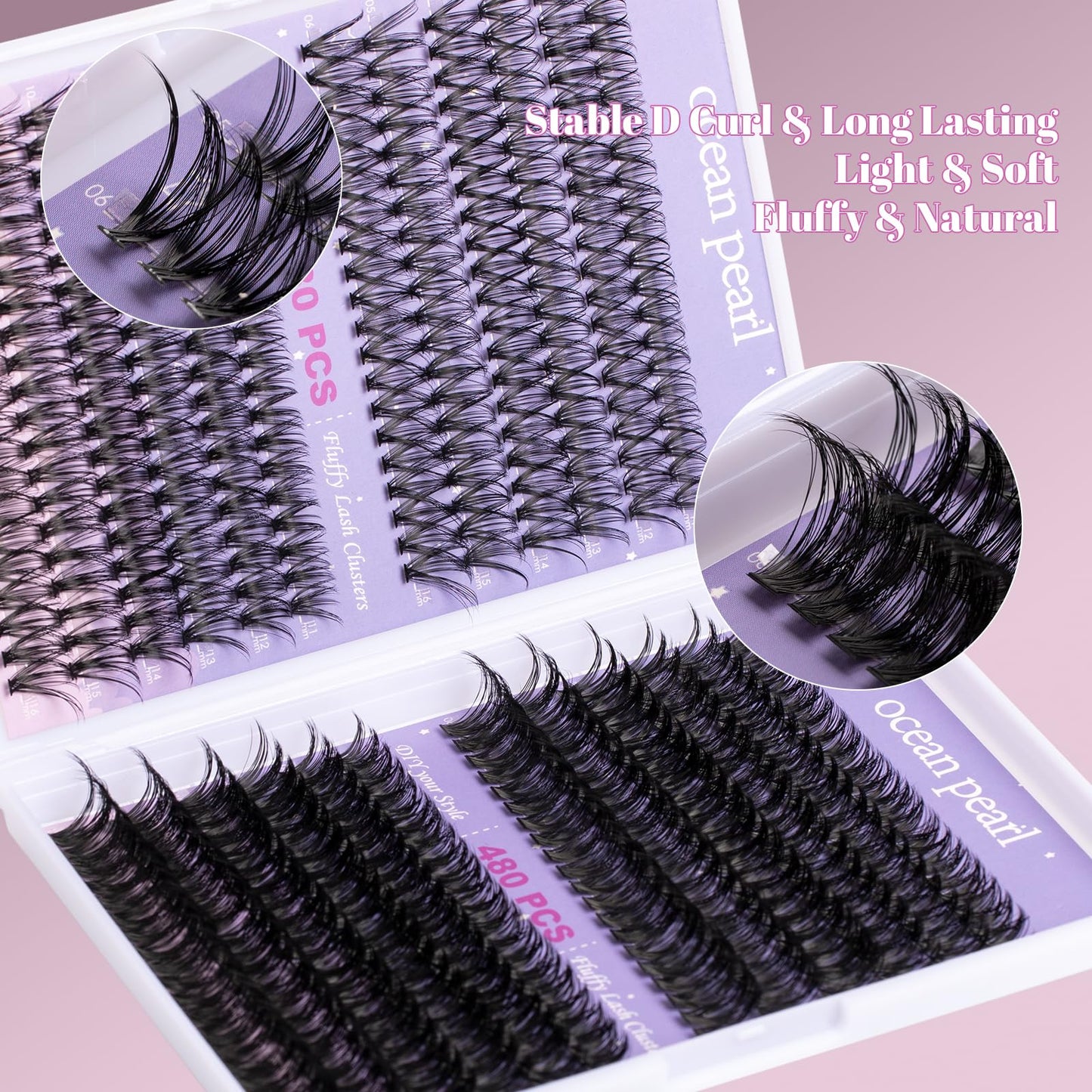 Ocean Pearl Lash Clusters 480PCS 11-20mm Individual Eyelash Extensions 30D+40D+80D+100D DIY Thick Volume Natural Lashes for Beginners at Home-4