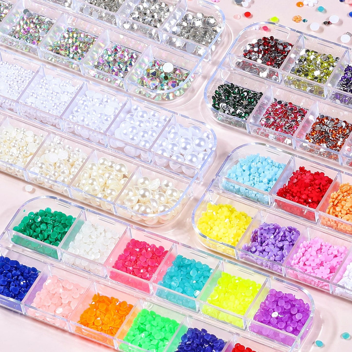editTime 5 Boxes Shiny Colorful Nail Art Rhinestones Nail Stone Gems Design Kit and 4 sheets flower nail art stickers with a Curved Tweezers and a Nail Brush (6-rhinestones kit-3)