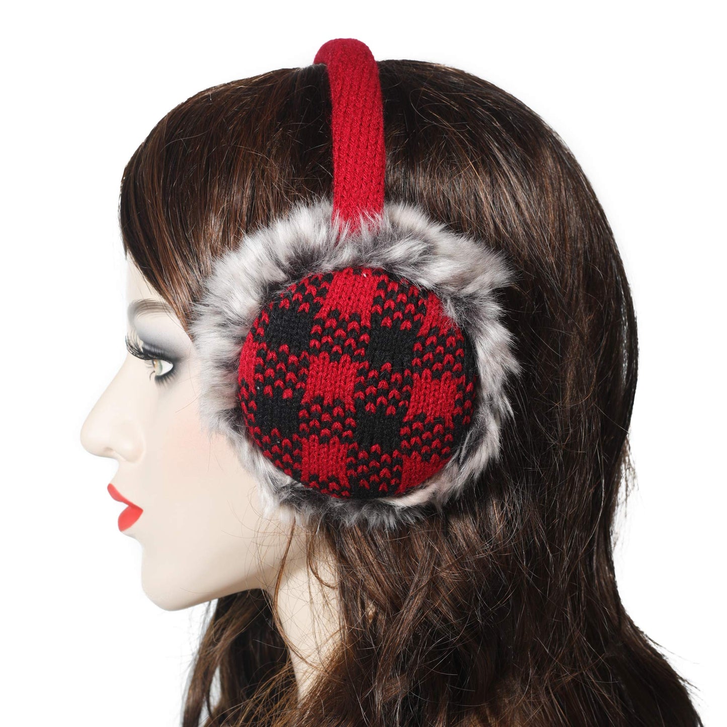 ZLYC Winter Faux Fur Adjustable Earmuffs Cute Knit Fuzzy Ear Muffs for Women Girls (Plaid Red)
