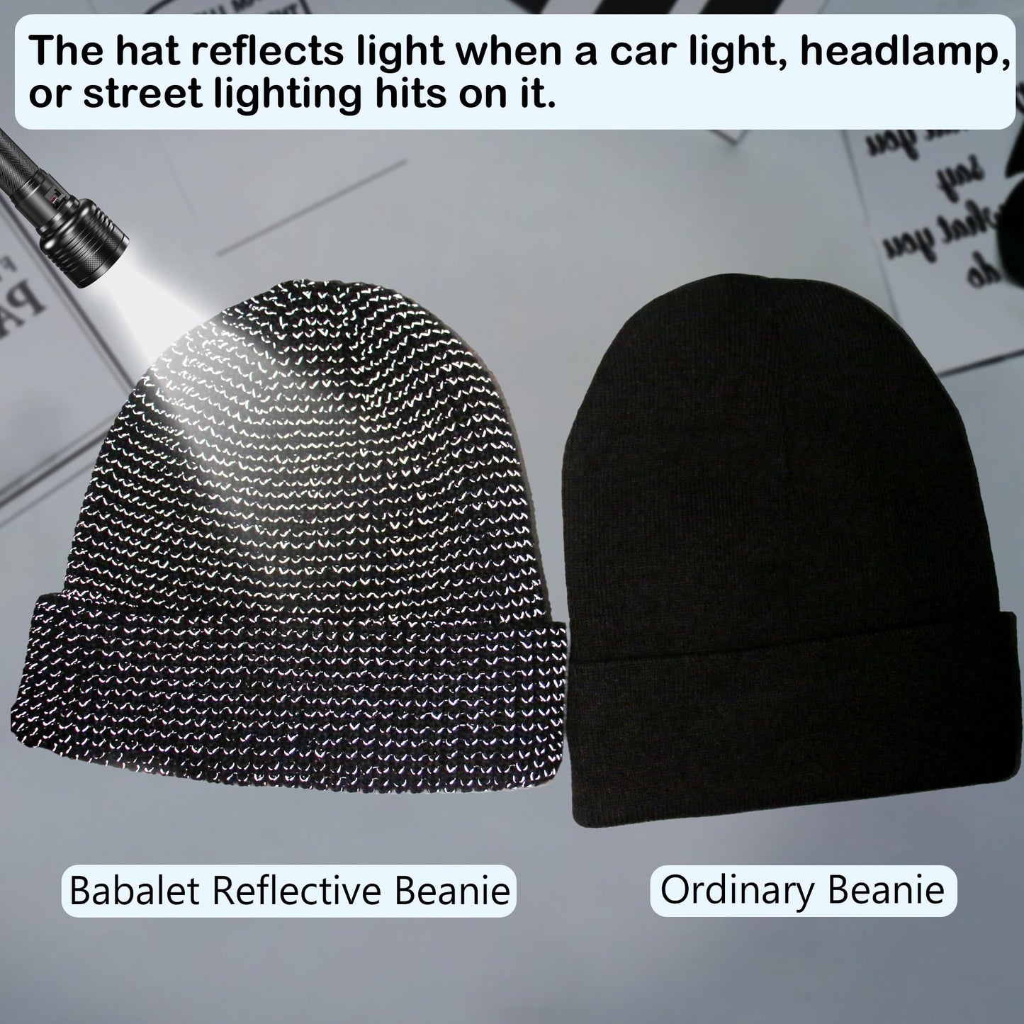 Babalet Reflective Winter Beanie Hats for Women Men Adults, High Visibility Safety Knitted Polar Fleece Lined Black Hat Cap for Running Outdoor Sports Walking Cycling at Night, Grey