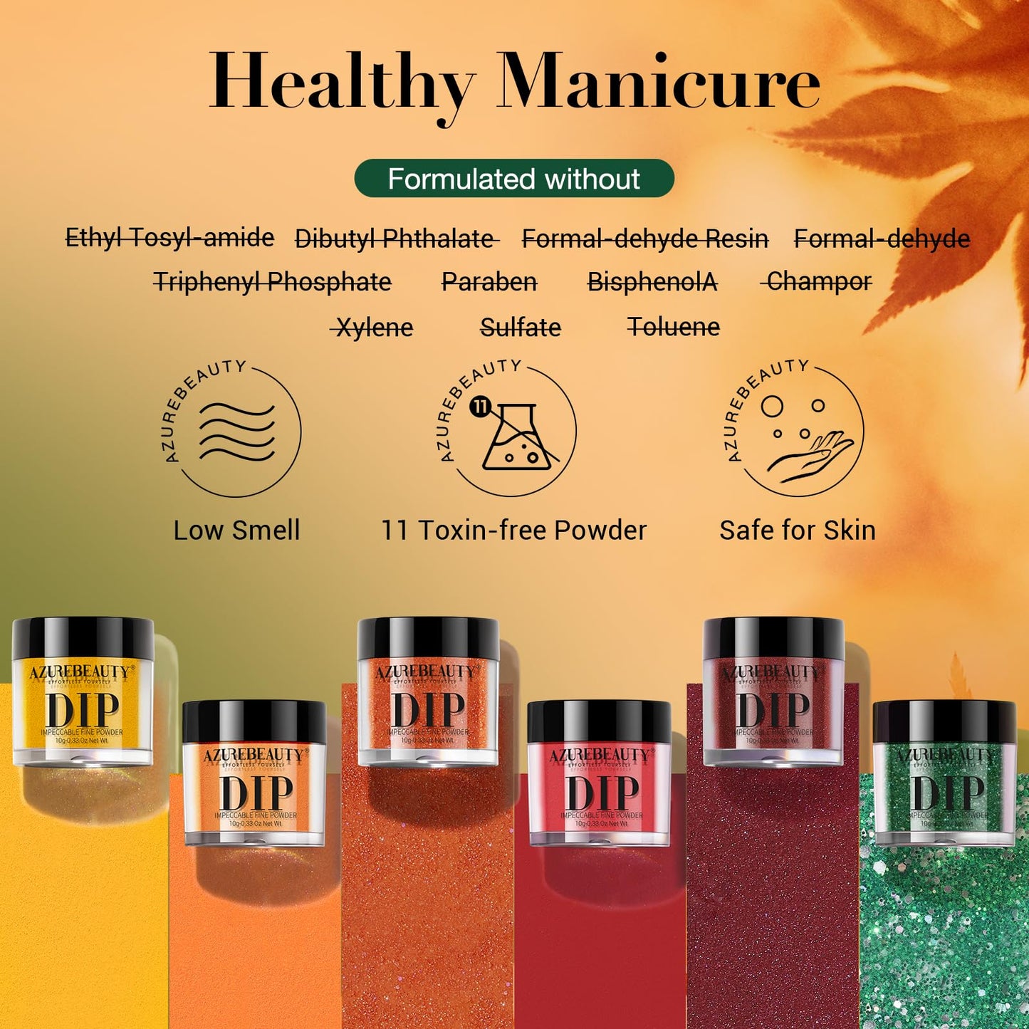 AZUREBEAUTY Dip Powder Nail Set Orange Gold Red Shimmery Green Glitter 6 Colors Dipping Powder Starter Kit French Nail Art Manicure DIY Salon, No Need Nail Lamp Cured