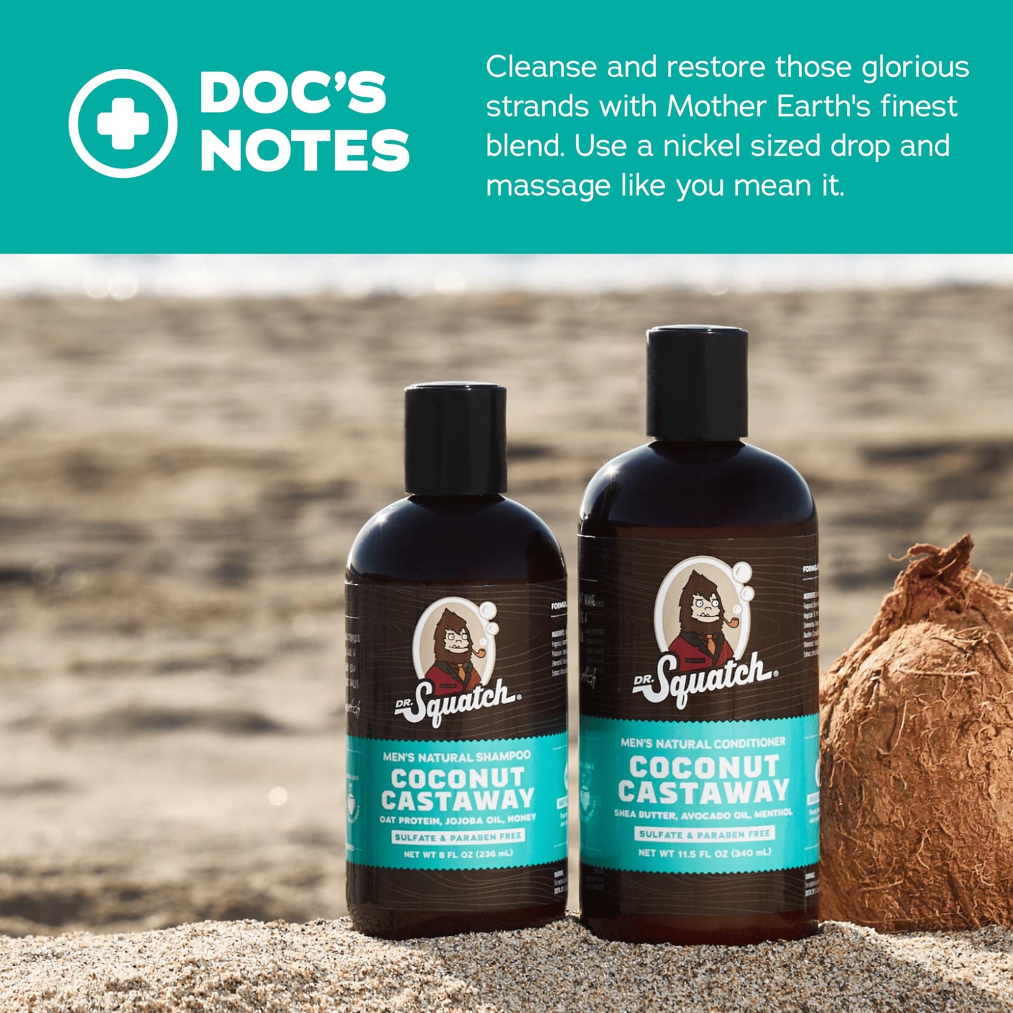 Dr. Squatch Coconut Castaway Men's Shampoo + Conditioner Hair Bundle - Keeps Hair Looking Full, Healthy, Hydrated