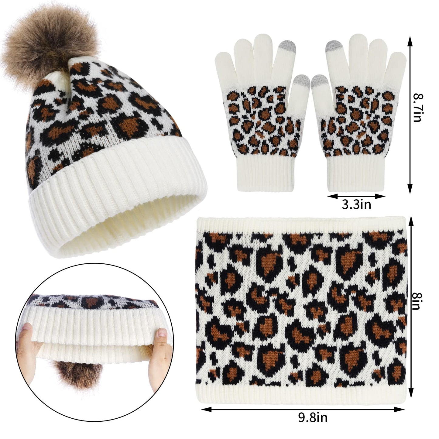 3 Pcs Leopard Print Winter Hat Gloves Scraf with Knit Plush Lined Set for Women and Teenagers