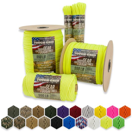 TOUGH-GRID Premium Neon Yellow 550 Paracord/Parachute Cord - 100% Nylon Mil-Spec Type III Paracord Rope Used by The US Military, Great for Bracelets and Lanyards, Tactical Paracord 50Ft. - Neon Yellow