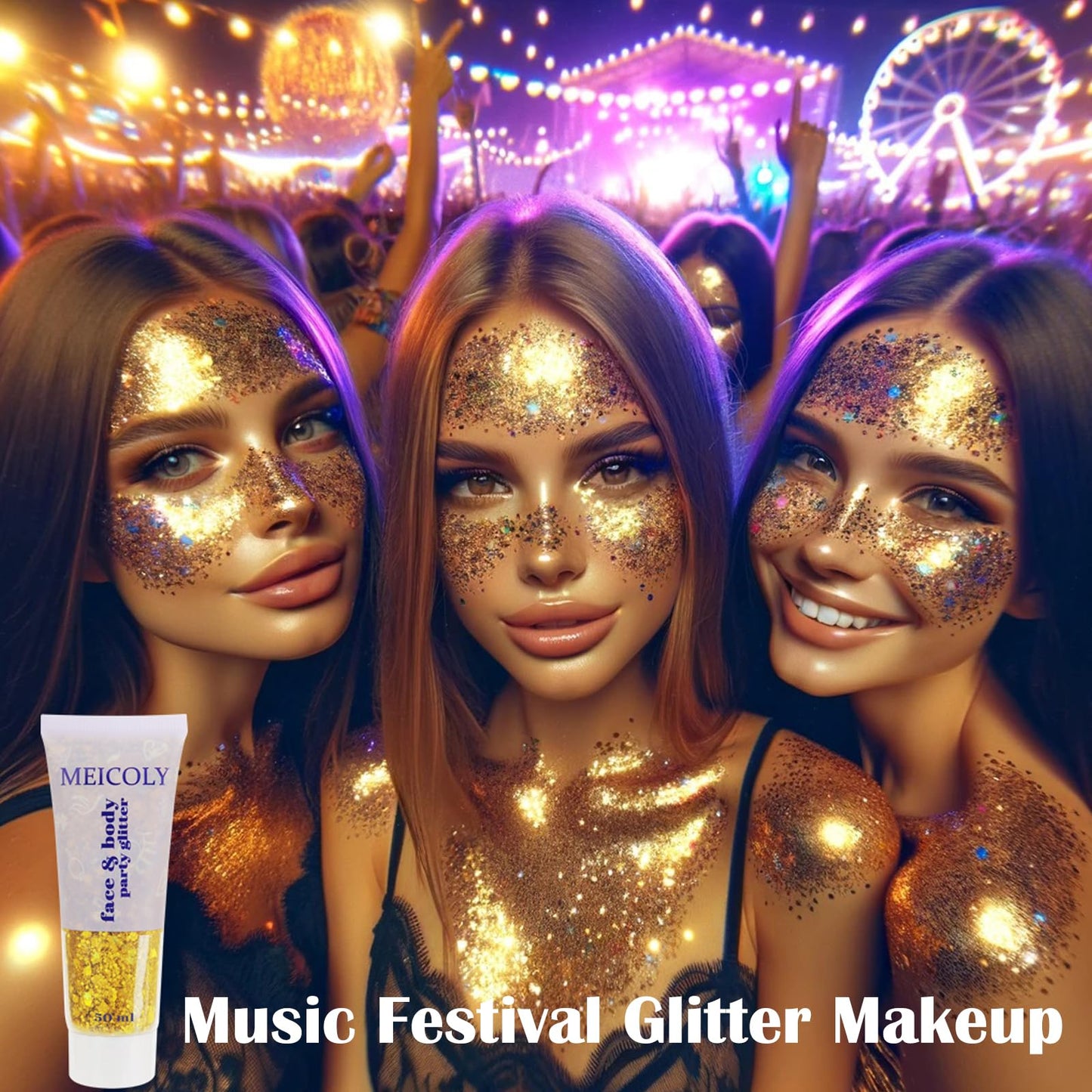 MEICOLY Gold Body Glitter,Yellow Face Glitter,Music Festival Accessories Outfits for Women,Mermaid Sequins Hair Glitter Makeup,Sparkle Face Body Glitter for Country Concert,Mardi Gras Accessories