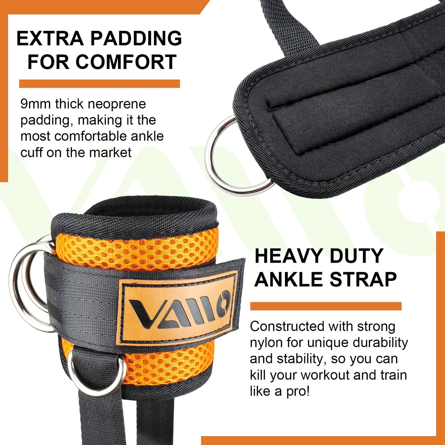 VAIIO Orange Ankle Straps for Cable Machines,Adjustable Comfort fit Neoprene, Reinforce Double D-Ring - Premium Ankle Cuffs to Improve Abdominal Muscles, Lift The Butts, Tone The Legs for Men & Women