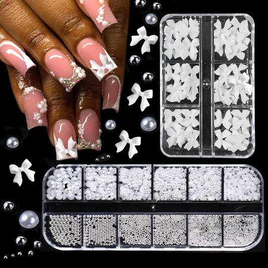 Votacos Nail Charms & Pearls - Bow-Knot Nail Accessories in Silver & White, Half Round Beads, Luxurious Design - DIY Crafts