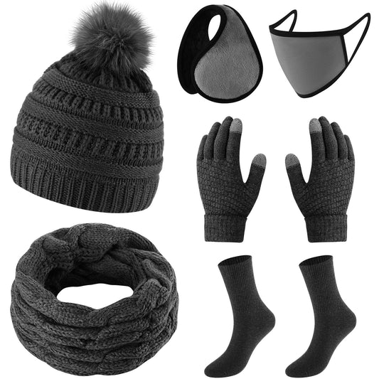 Liitrsh 6 Pcs Winter Hat Scarf Gloves Socks Facemask Ear Warmer Set Knit Beanie Hat with Pom Neck Warmer Warm Socks Facemask(Dark Gray)