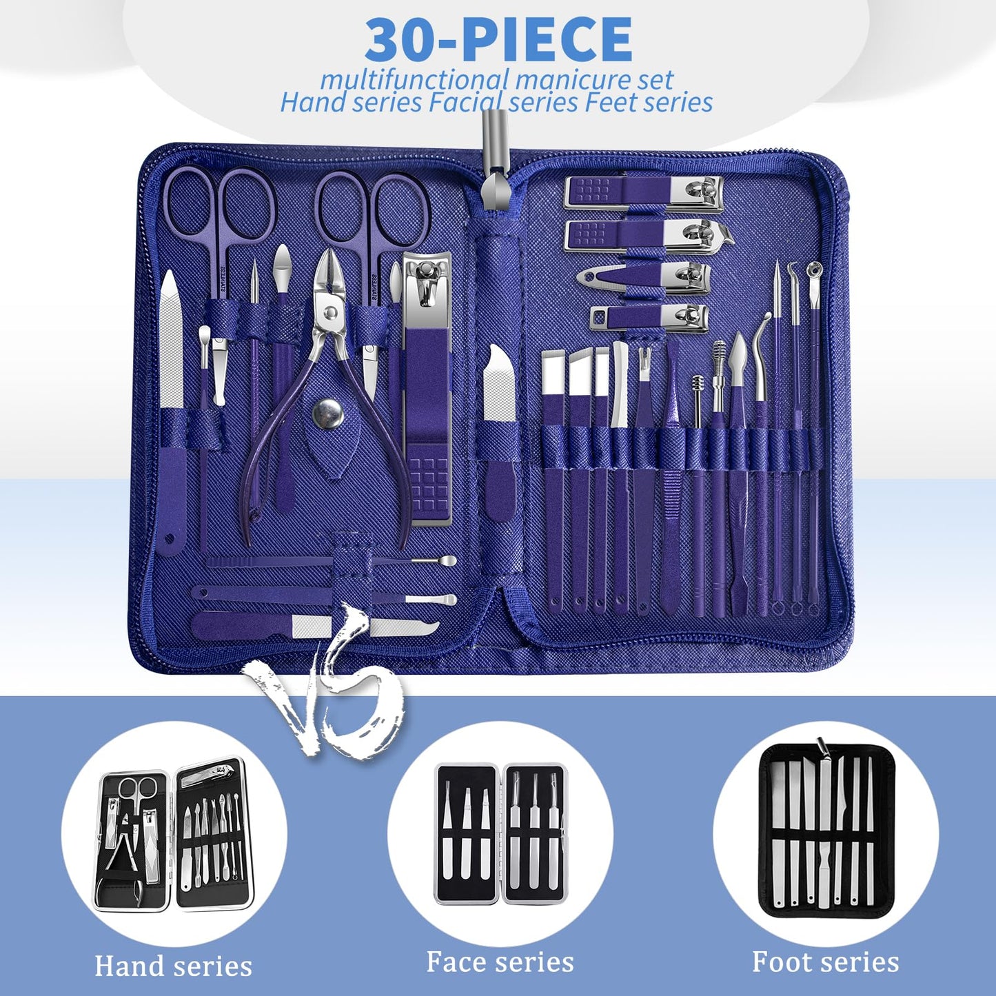 Manicure Set Personal Care Mens Grooming Kit, 30 in 1 Professional Manicure Kit Pedicure Kit, Nail Clippers for Men and Beauty Tool Portable Set, with Luxurious Travel Case (Blue)