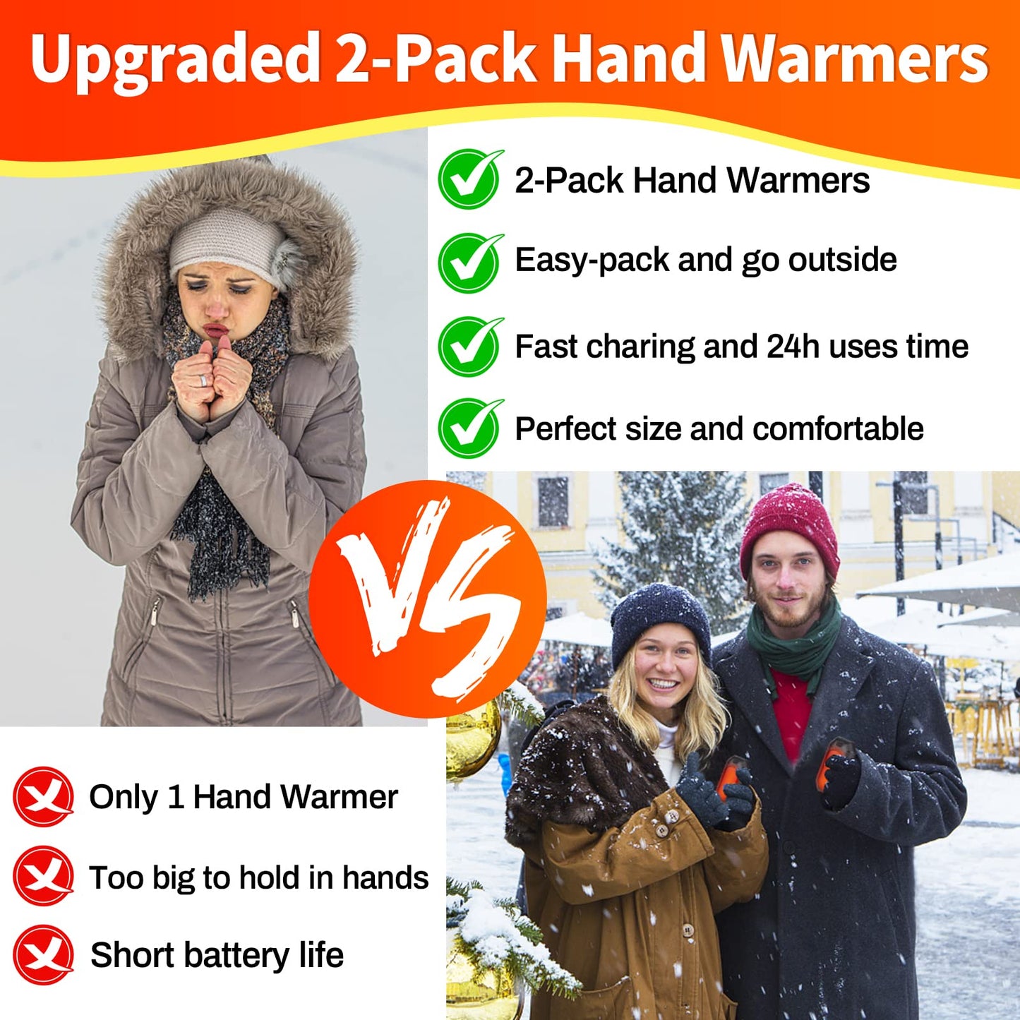 2-Pack Hand Warmers Rechargeable,Portable Electric Hand Warmers Reusable,USB 2 in 1 Handwarmers,Outdoor/Indoor/Working/Studying/Camping/Hunting/Golf/Pain Relief/Games/Warm Gifts for Men Women Kids