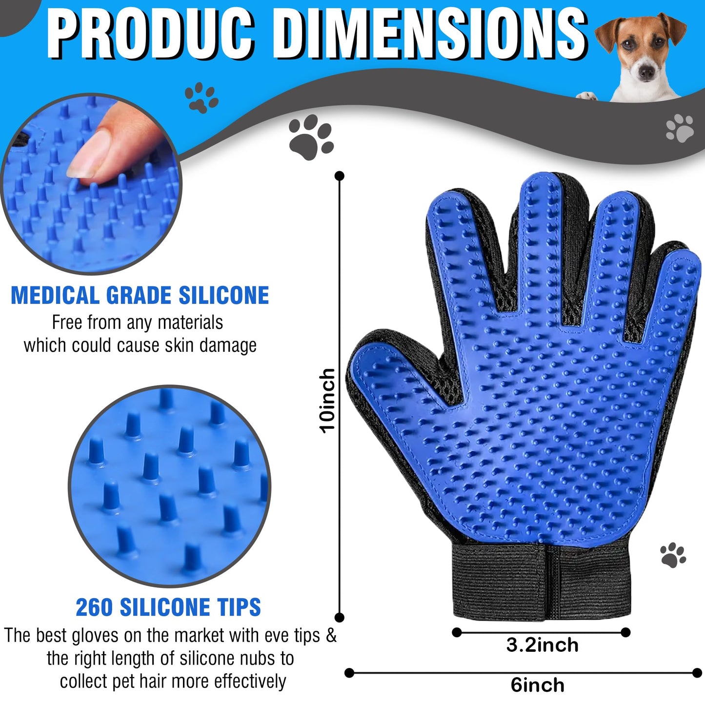 CEMZENFIX Upgrade Pet Gloves Grooming for Dogs, Grooming Gloves for Dogs, Cats, Rabbits & Horses with Long and Short Hair, Efficient Pets Hair Remover Mittens - 1 Pair (Blue)