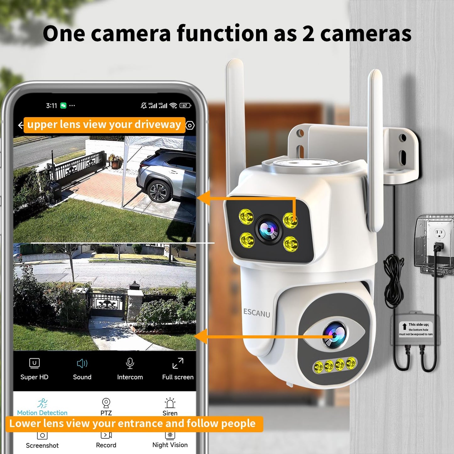 ESCANU Dual Lens Security Camera Outdoor,WiFi Camera for Home Security,Home Survaillance Outdoor,PTZ,2-Way Audio, Auto Tracking,Night Vision,24/7 Continous Record,IP65 Weather Proof