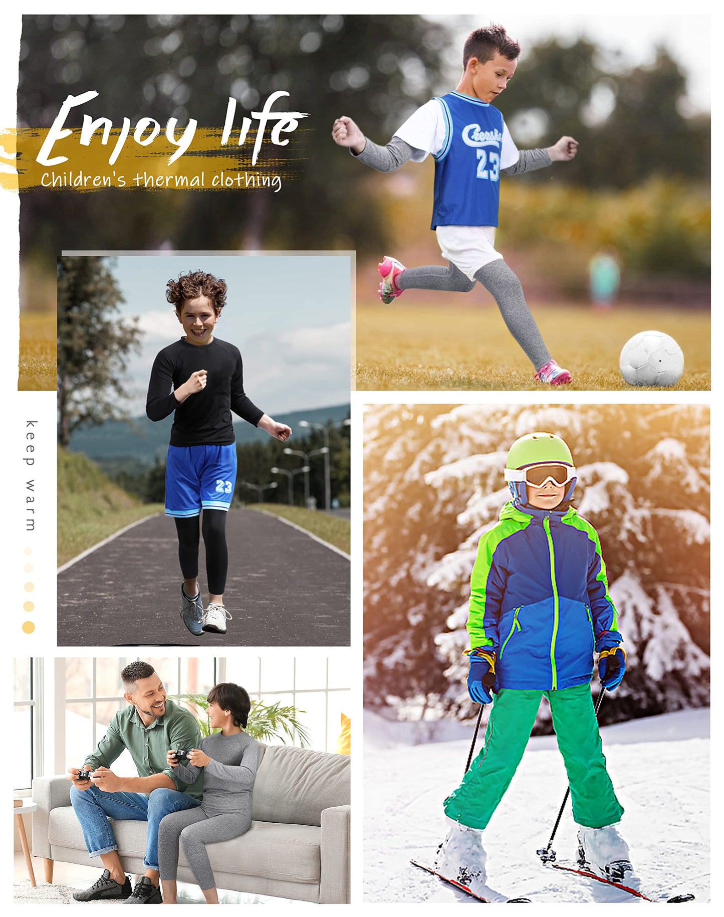 Roadbox Thermal Underwear for Boy - Fleece Lined Long Johns Warm Undershirt Cool Dry Base Layer Pants for Winter Running Grey