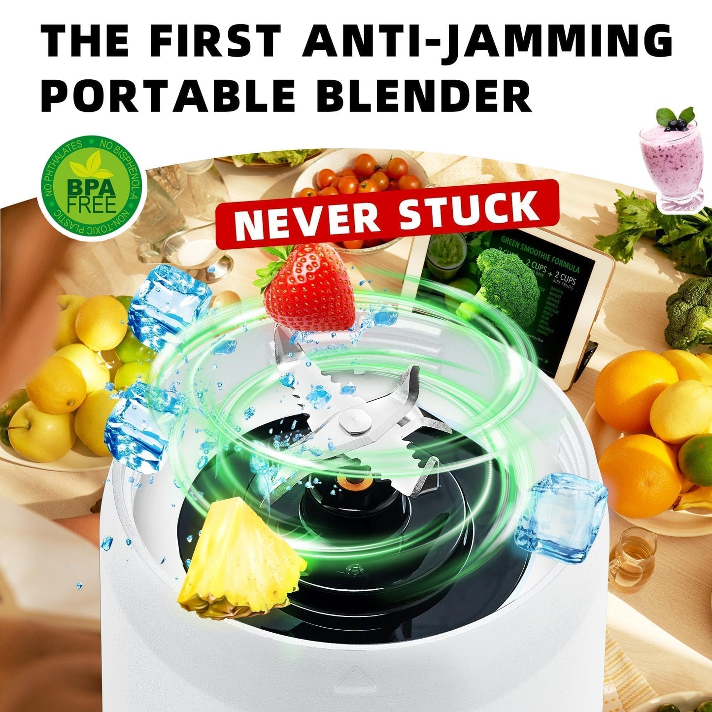 Portable Blender, Anti-Jamming 300 Watt for Shakes and Smoothies, 24oz Travel Blender USB Rechargeable, BPA Free Sporty bottle with a Travel Lid. (Black Base Grey Lid) (White Base Green Lid)