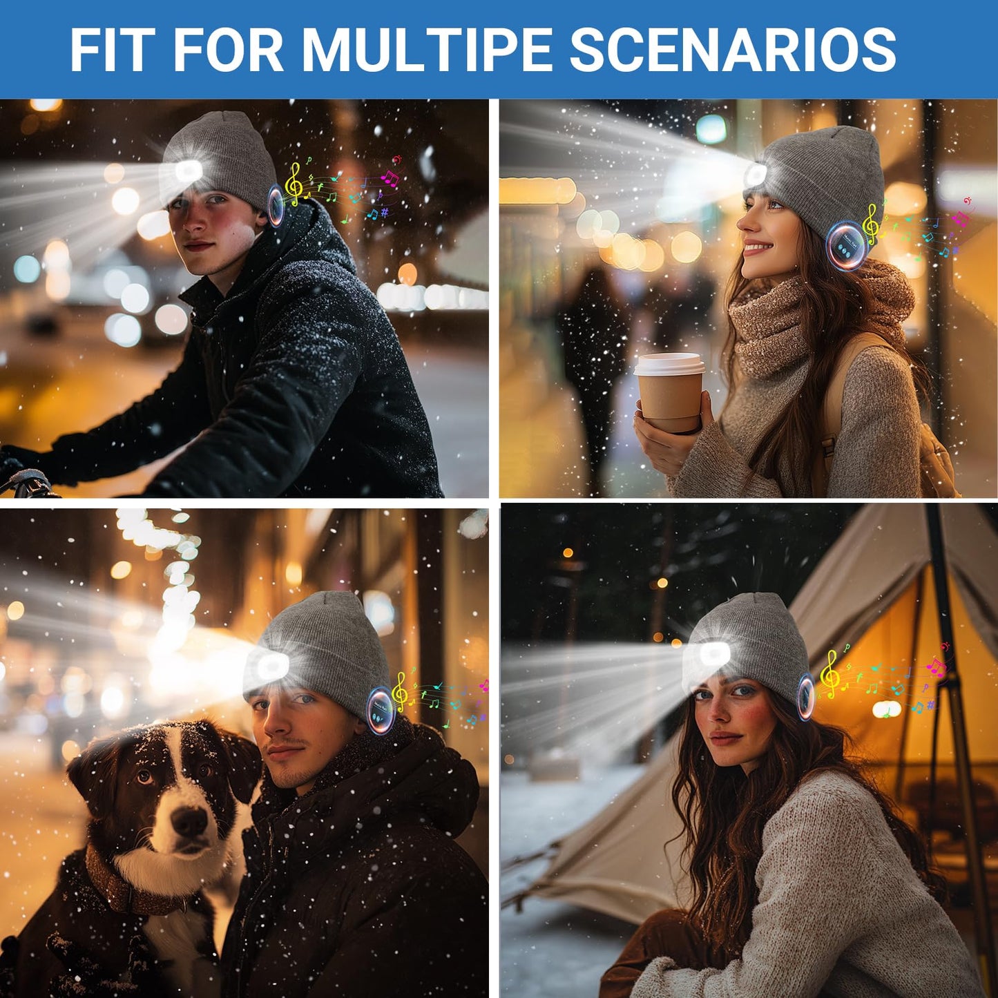 Rotibox Bluetooth Beanie with Light, Unisex USB Rechargeable 4 LED Headlamp Hat, Wireless Headphones Grey